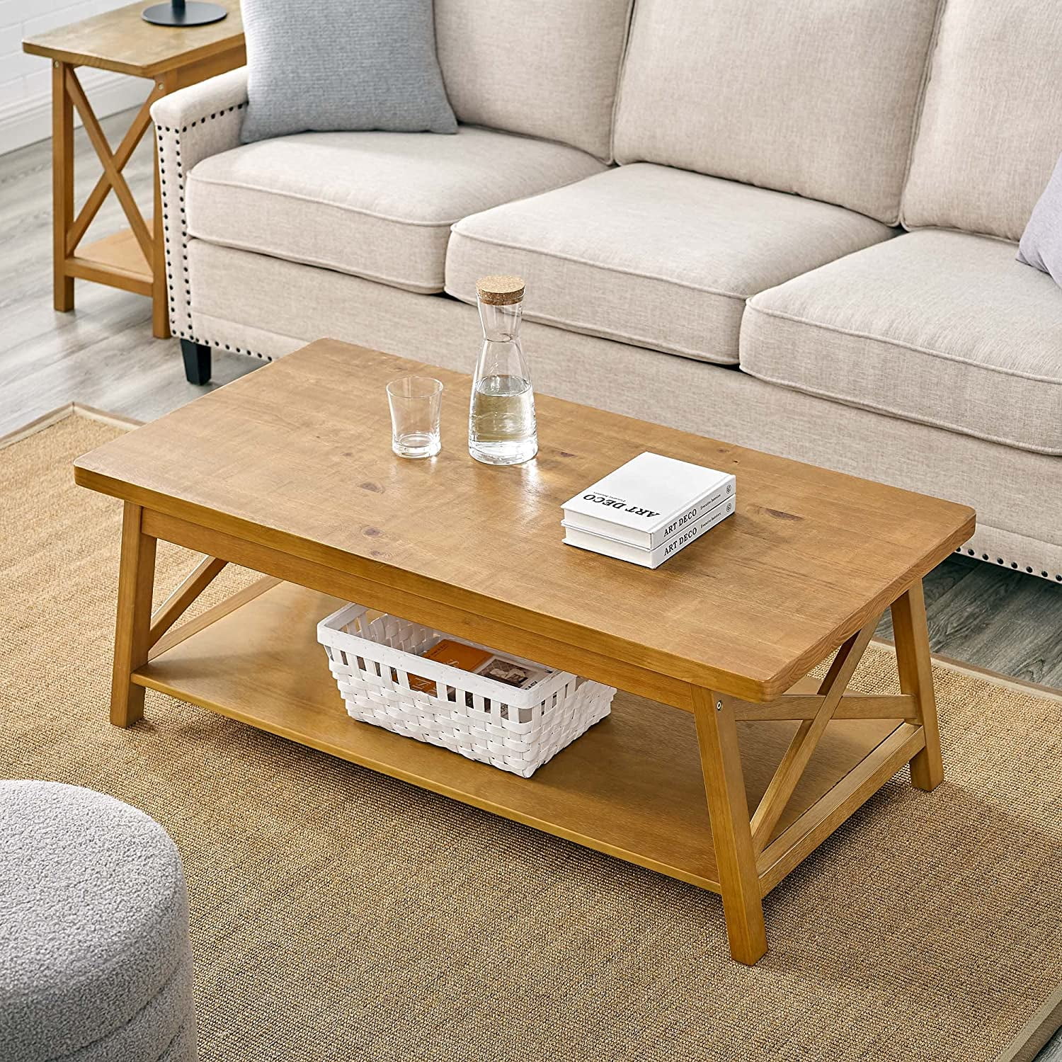 Modern Farmhouse Solid Wood Coffee Table with  Shelf  47" L  Rustic Oak Finish