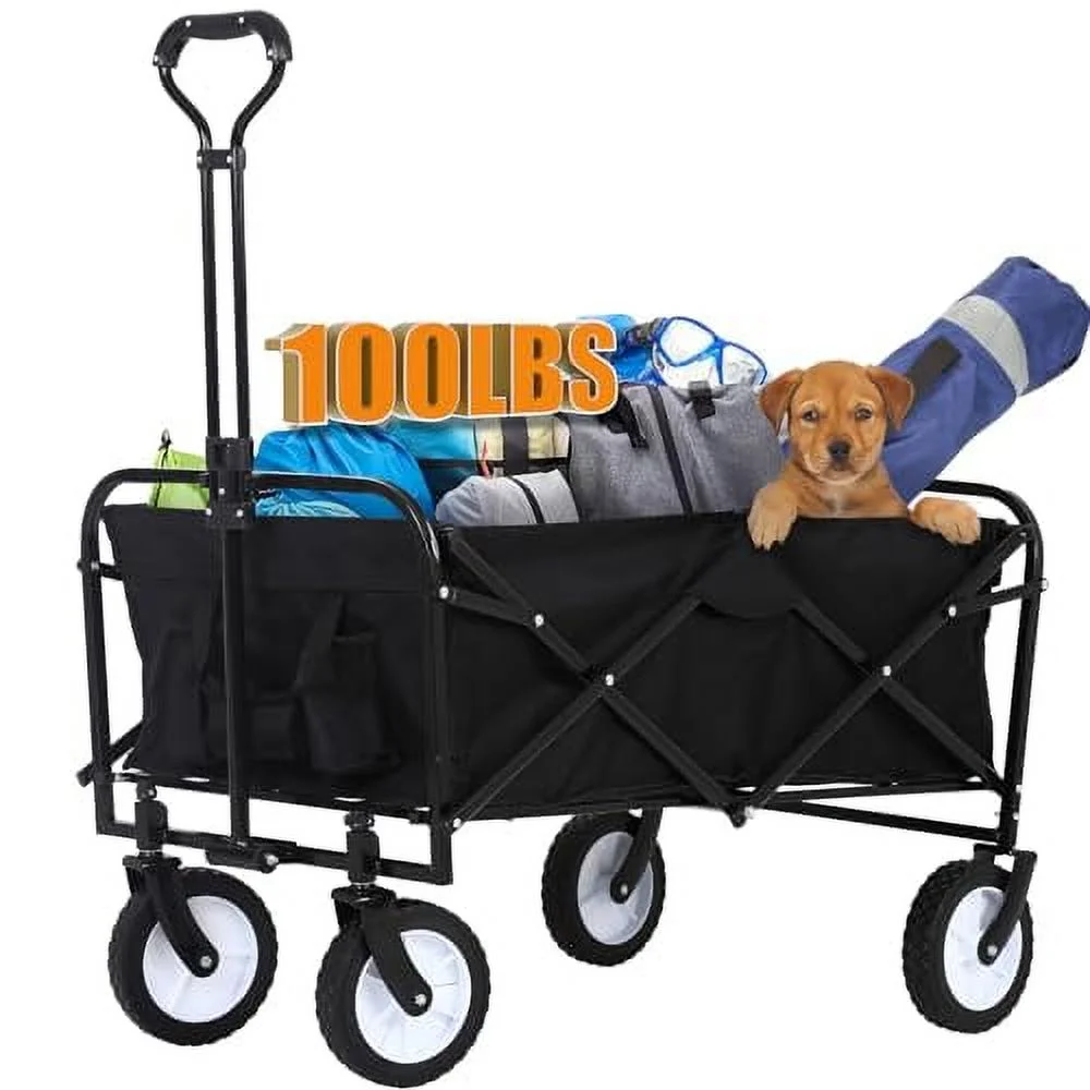 Collapsible Folding Wagon Portable Beach Wagon Utility Shopping Cart Heavy Duty Garden Cart Lounge Wagon Grocery Cart with Adjustable Handle for Grocery, Garden, Beach, Sport, Shop, Camping, Black