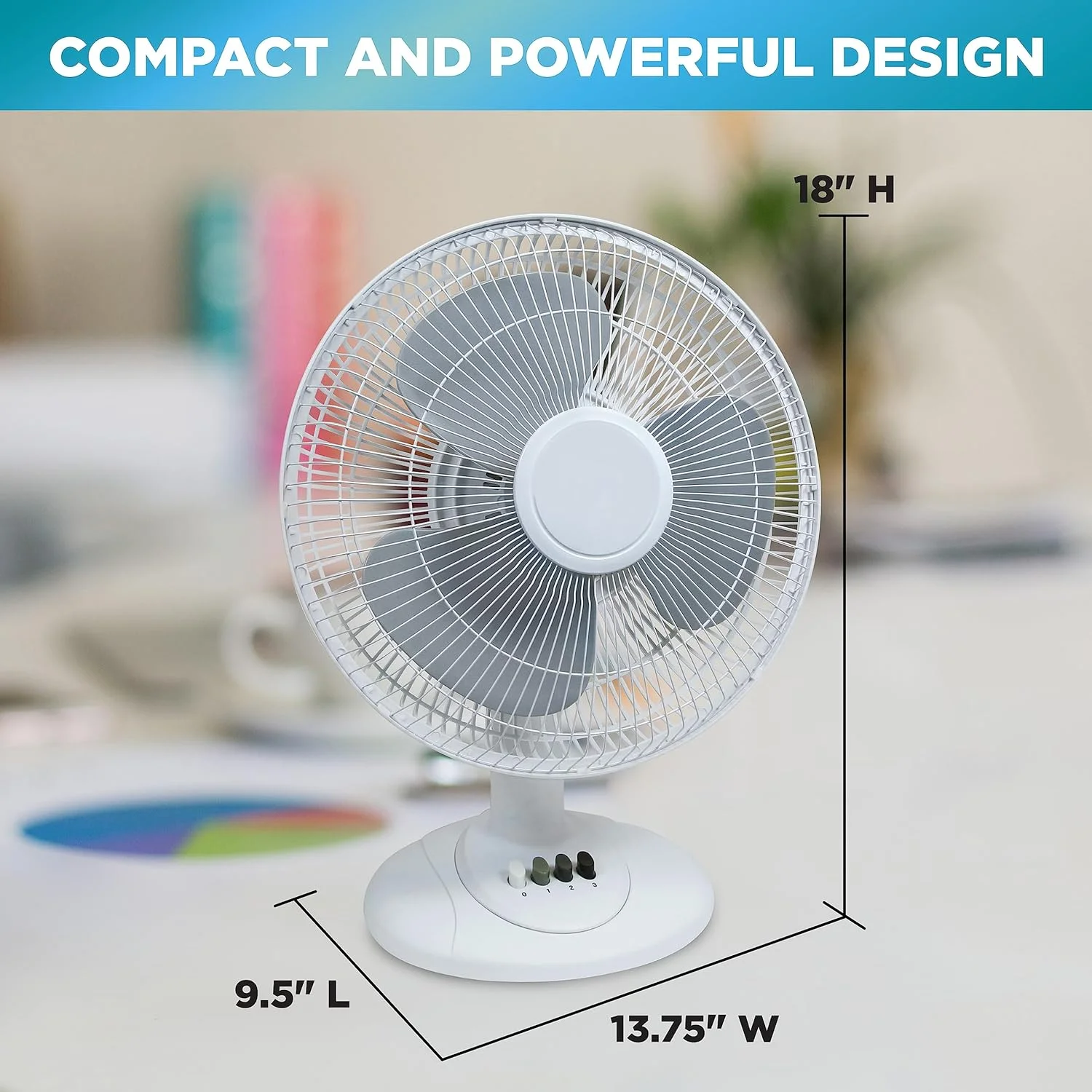 Ez-Chill Fan 12” 3-Speed Oscillating Table Fan with Adjustable Tilt, Convenient Push Button Controls, Quiet Operation, White