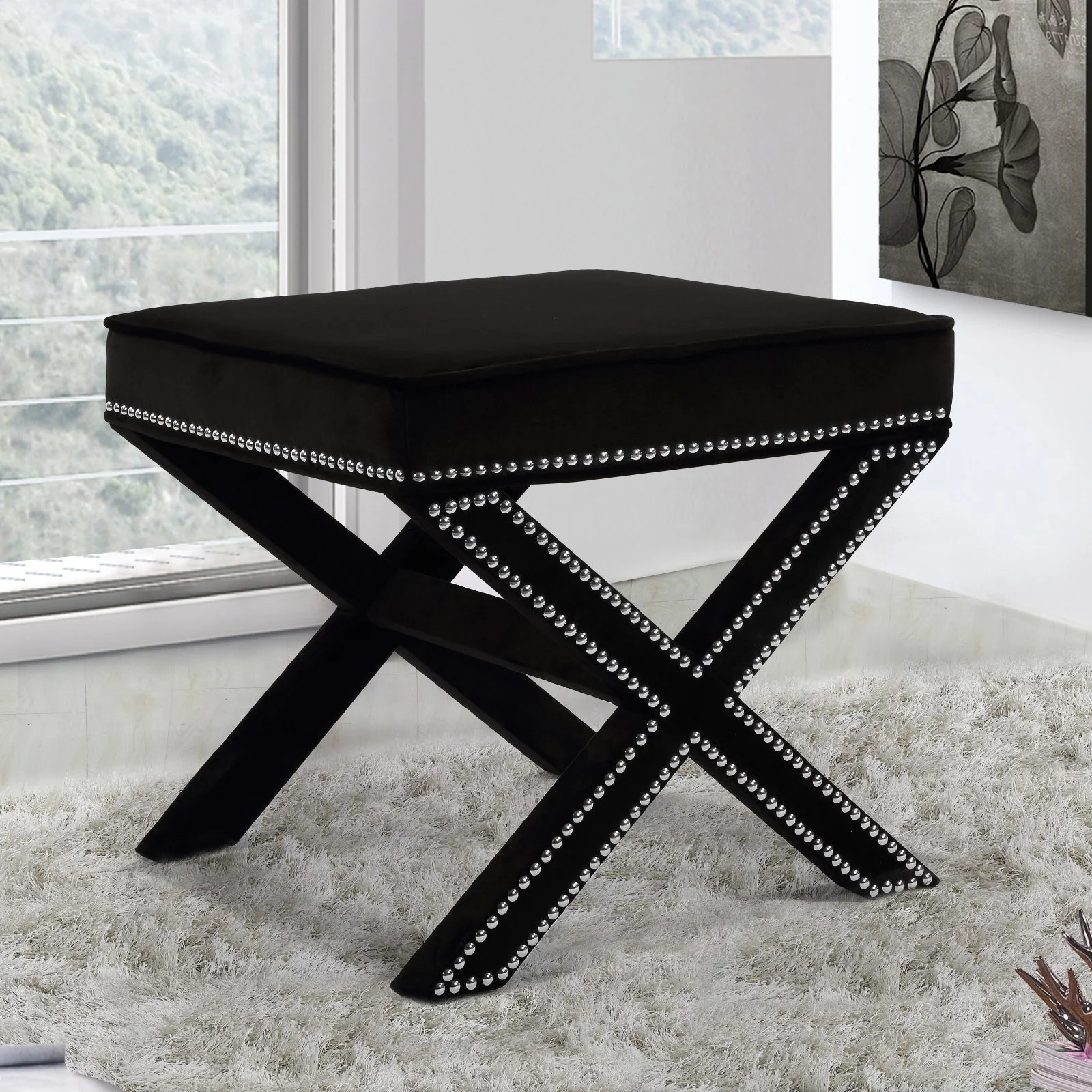 Meridian Furniture Nixon Contemporary Velvet Ottoman/Bench in Green