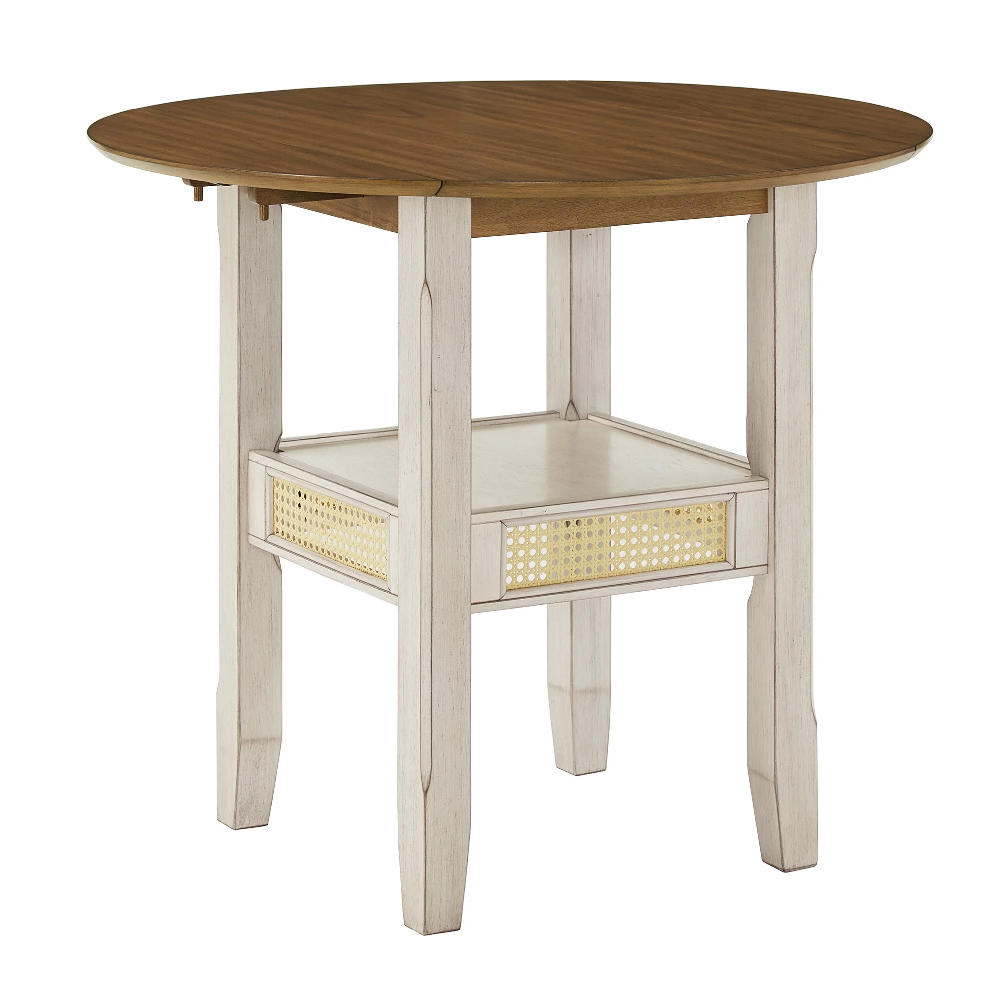 Weston Home Pulukan Cane Accent Round Dining Table with 2-Drop Leaves, Oak and Antique White Finish