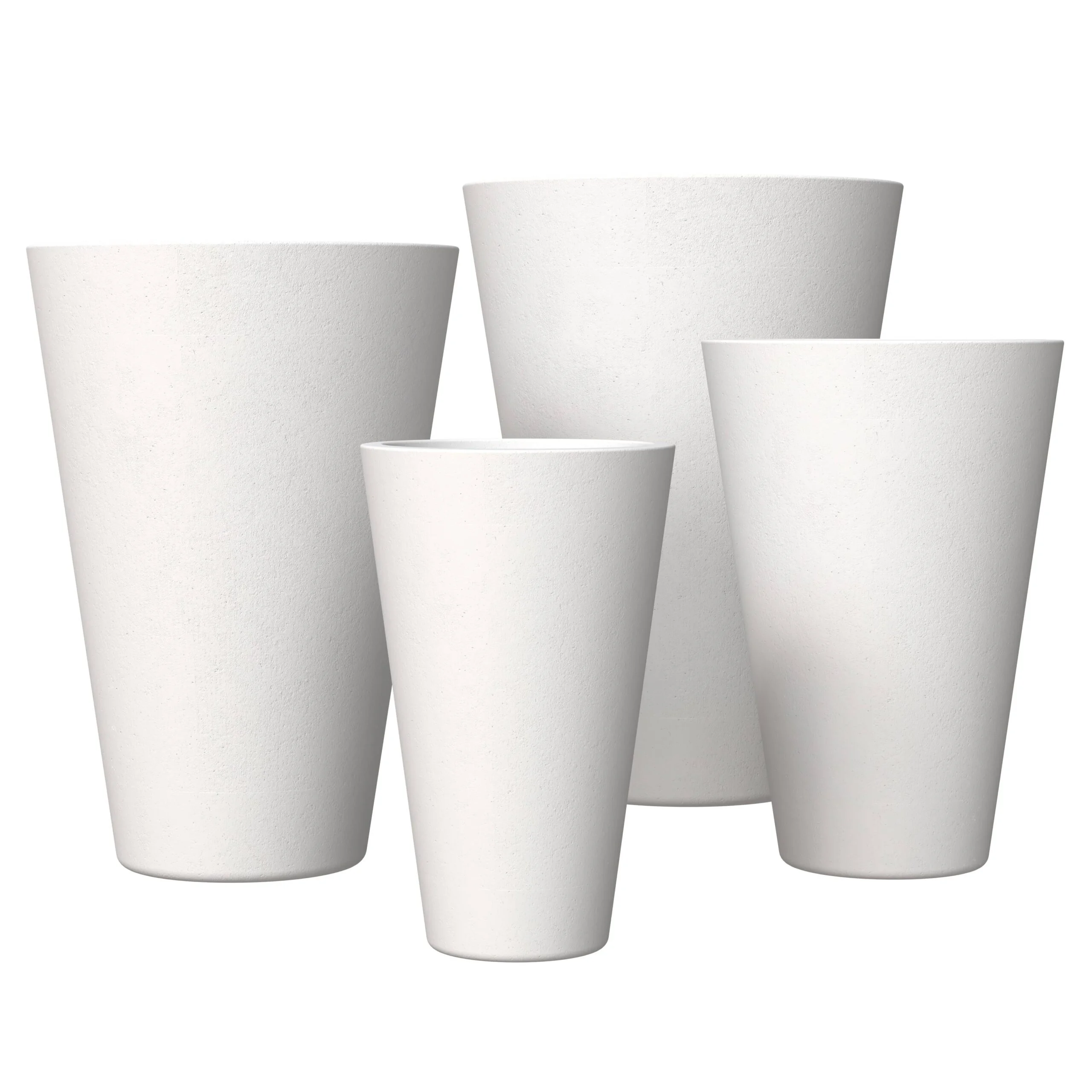 LeisureMod Pebble 4-Piece Fiberstone and MGO Clay Planter Set, Mid-Century Modern Tapered Round Planter Pot for Indoor and Outdoor (White)