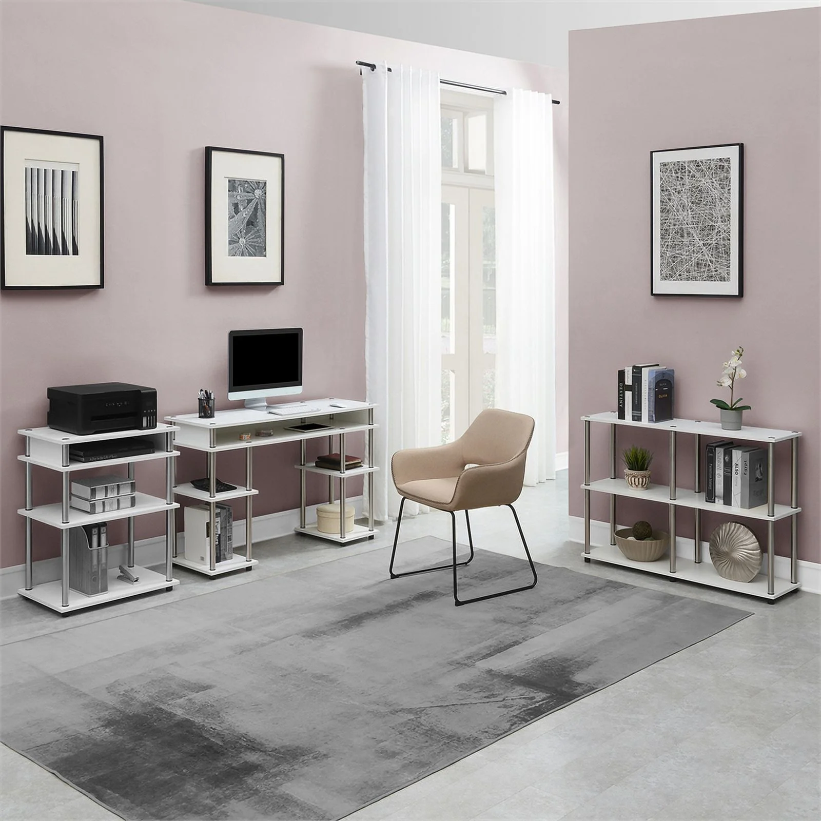 Pemberly Row No-Tools Console Table with Shelves in White Wood Finish