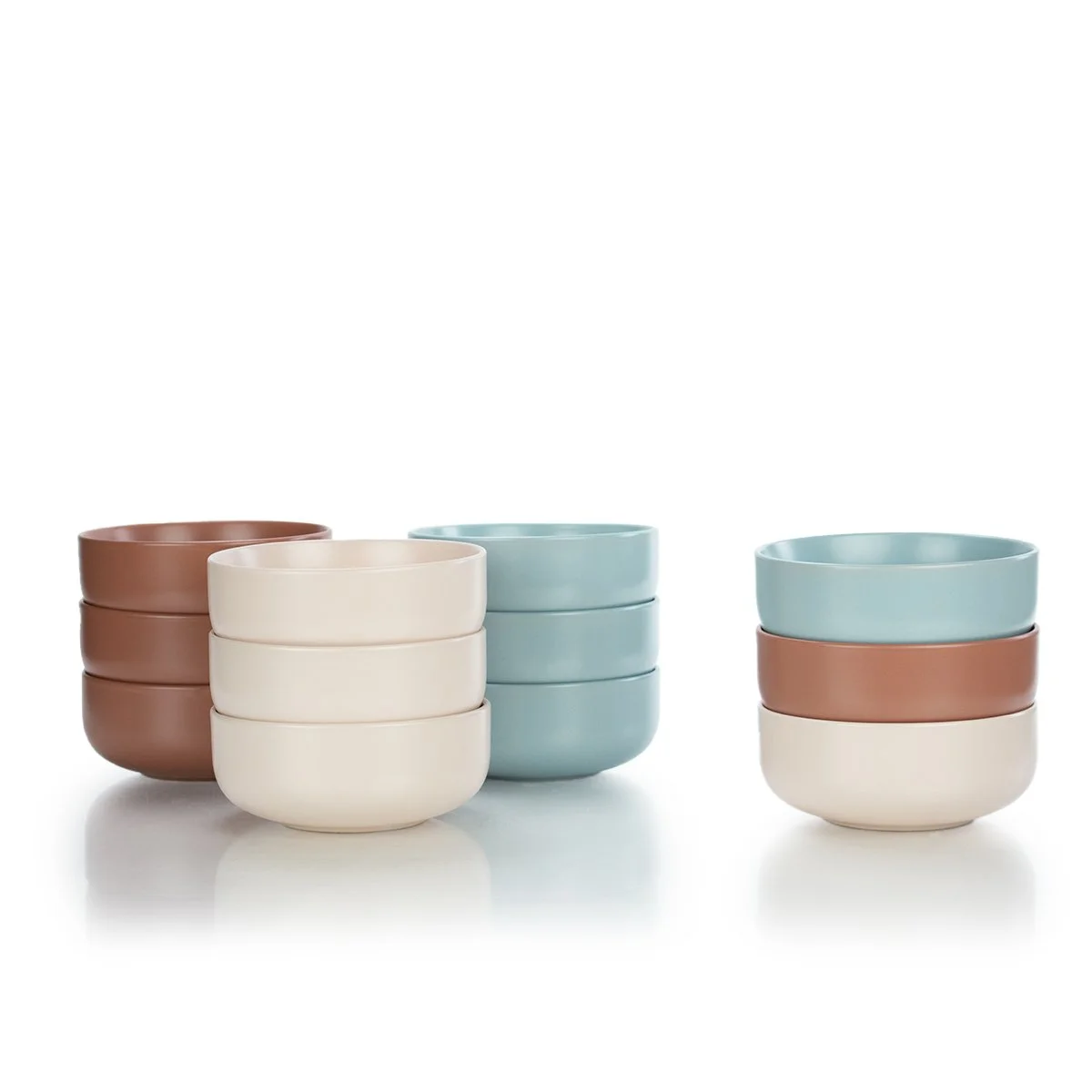 Everything Kitchens Modern Flat 12-Piece Bowl Set | Dusty Blue, Soft Pink & Terracotta