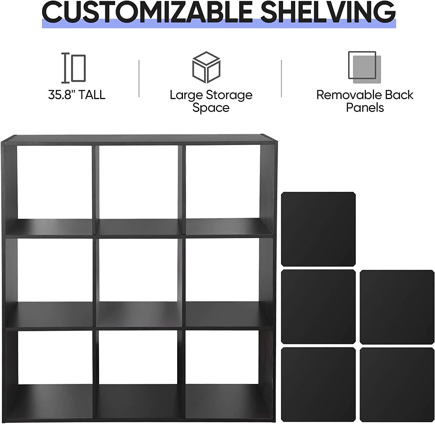 3-Tier Storage Shelves With Removable Back Panels, Wooden Opening Bookshelves For Living Room, Home Office, Bedroom, Dark Brown