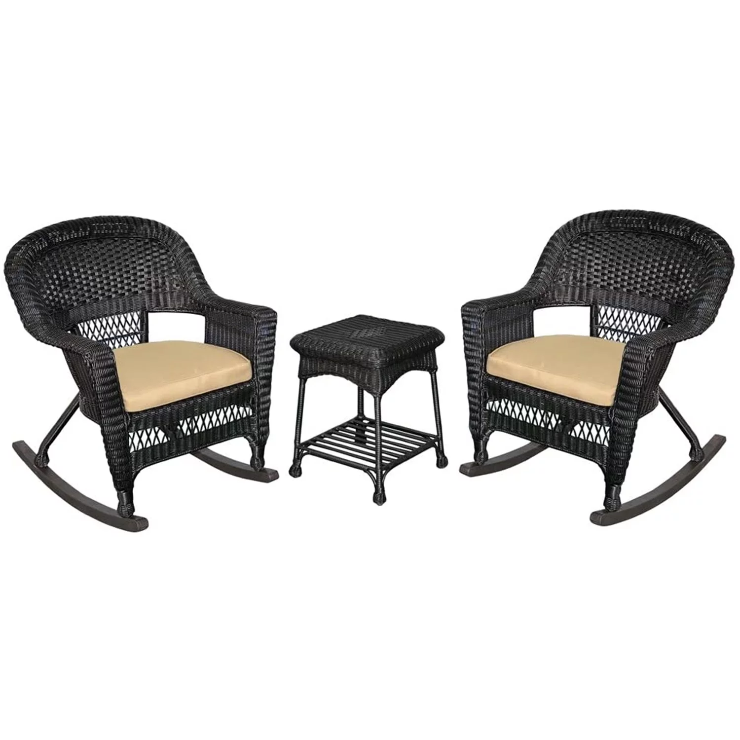 Jeco 3pc Wicker Rocker Chair Set in Black with Tan Cushion