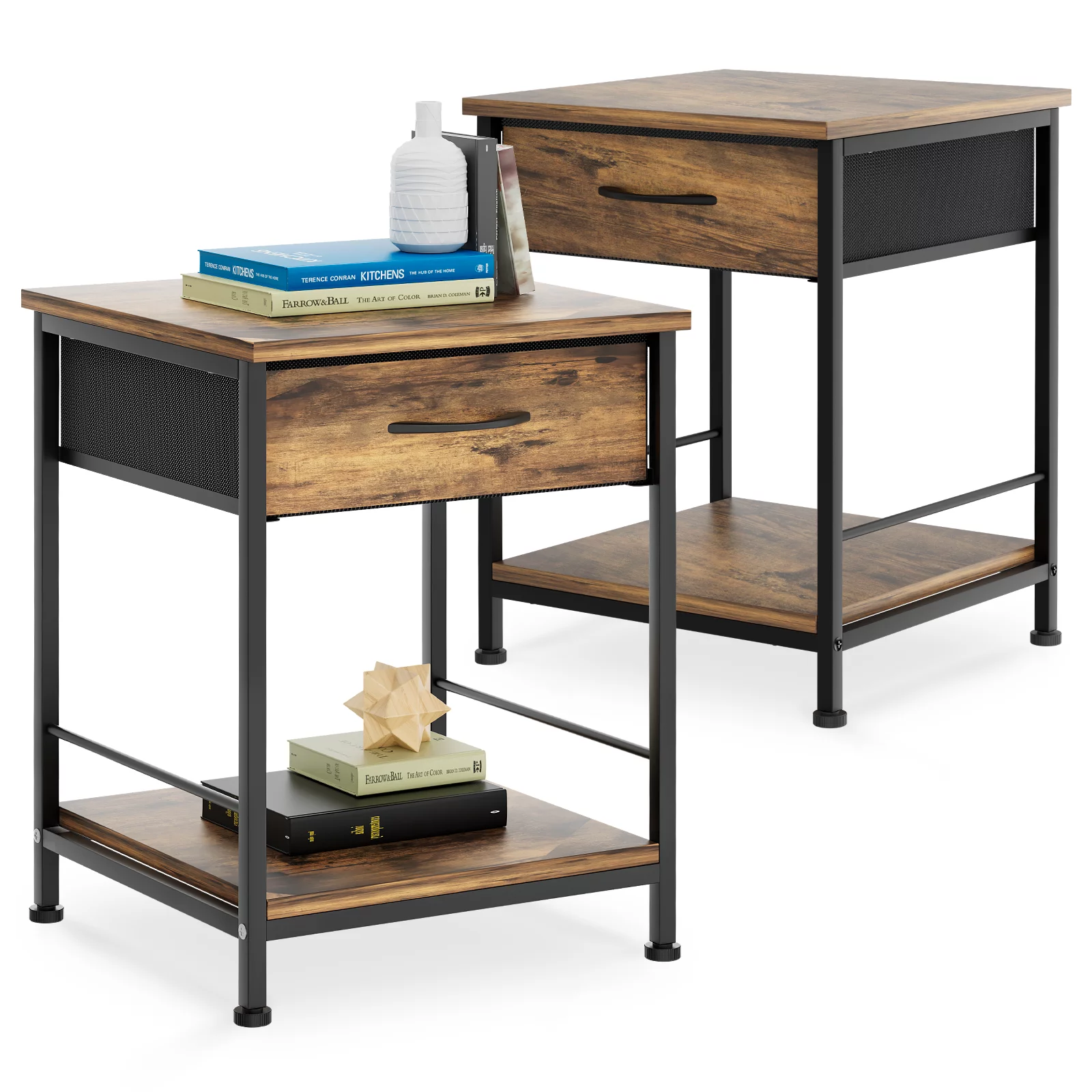 MoNiBloom Nightstand Set of 2, End Table with Oxford Storage Drawer And Open Shelf, Side Table for Bedroom, Living Room, Rustic Brown