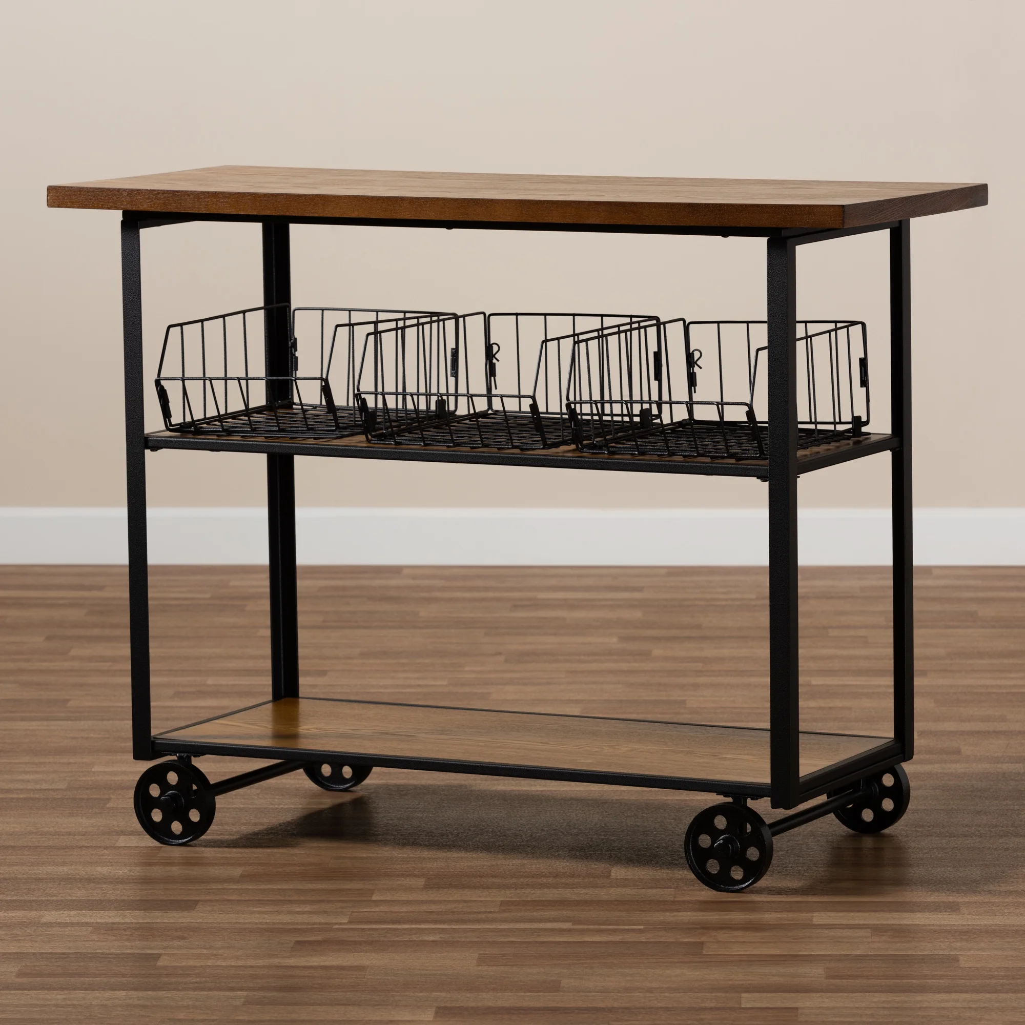Baxton Studio Felix Industrial Wood and Metal 3 Tier Mobile Console Table, Walnut/Black