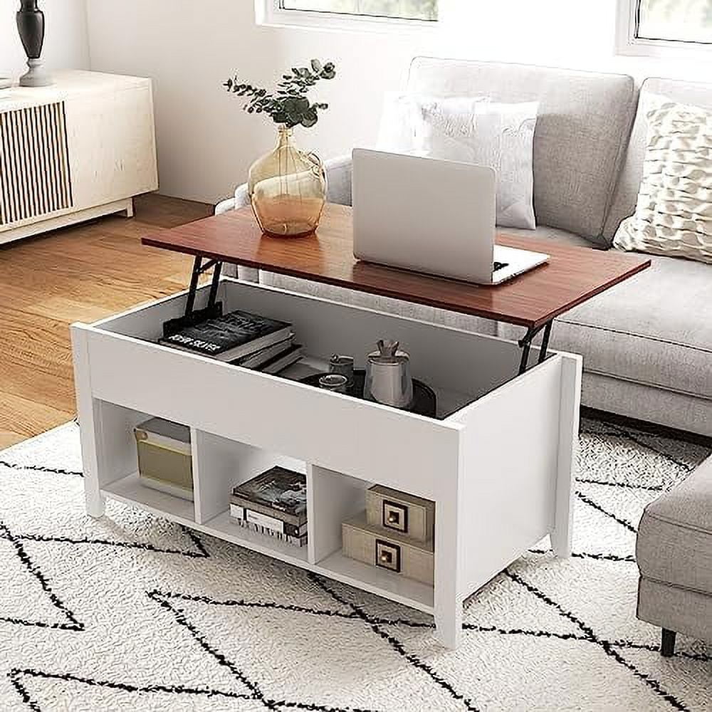 TJUNBOLIFE Lift Top Coffee Table Modern Wood Cocktail Table with Hidden Compartment and Lower  Shelves  Wooden Laptop Table Lift Tabletop Home  (White)