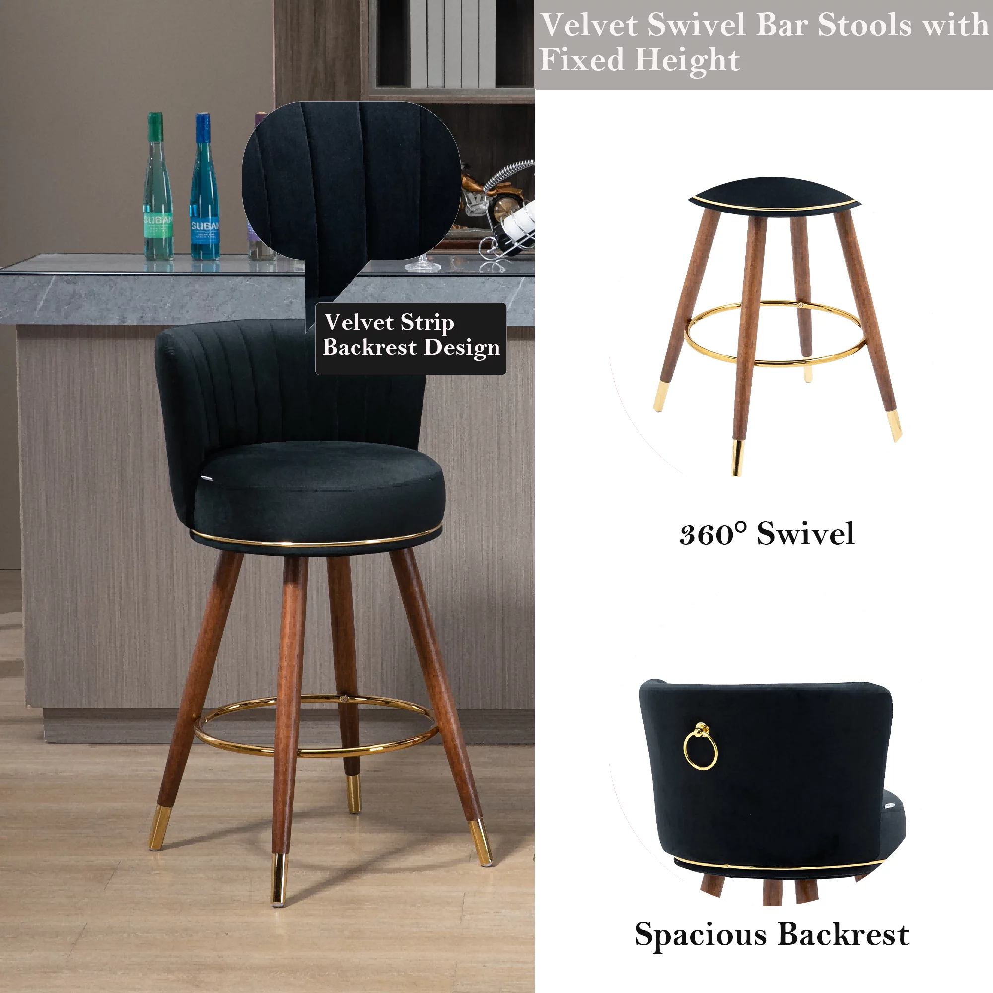 Upholstered Bar Stools, Upholstered Tufted Counter Height Bar Stool Chairs with Solid Wood Legs Kitchen Island Padded Barstools with Footrest High Dining Chairs(Black,Set of 2)