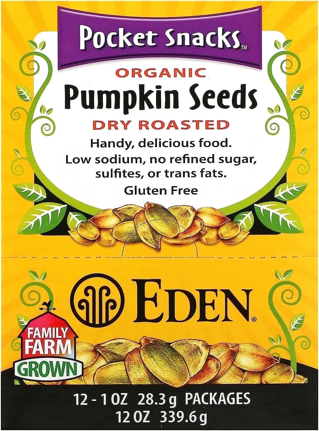 Eden Foods, Organic, Pocket Snacks, Pumpkin Seeds, Dry Roasted, 12 Packages, 1 oz (28.3 g) Pack of 2