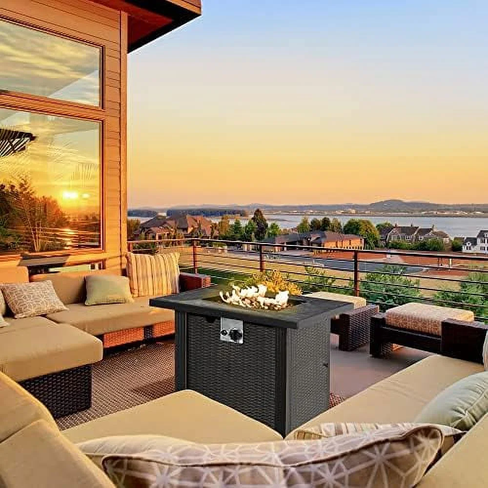 30 Inch Outdoor Propane Gas  Table, 50,000 BTU Auto-Ignition Square Wicker-Effect Gas With Ceramic , Lid, Lava Rocks & Rain Cover, CSA Certification