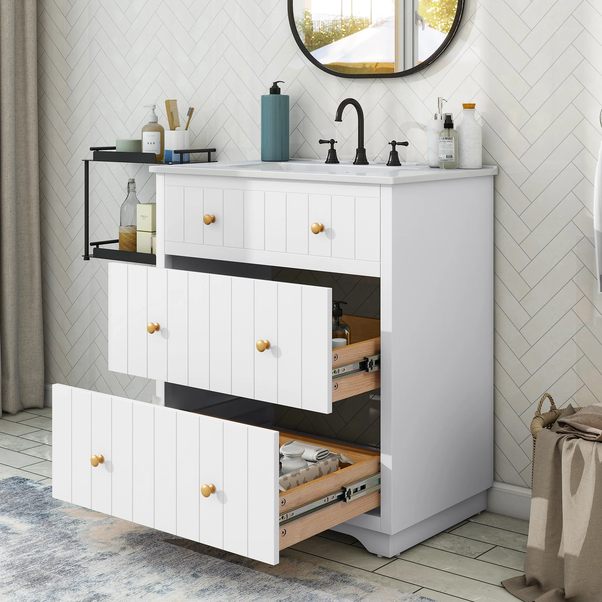 Foorsun 30-Inch Modern White Bathroom Vanity Cabinet with 2 Drawers,Bath Storage Vanity with Top Sink and Golden Round Handles