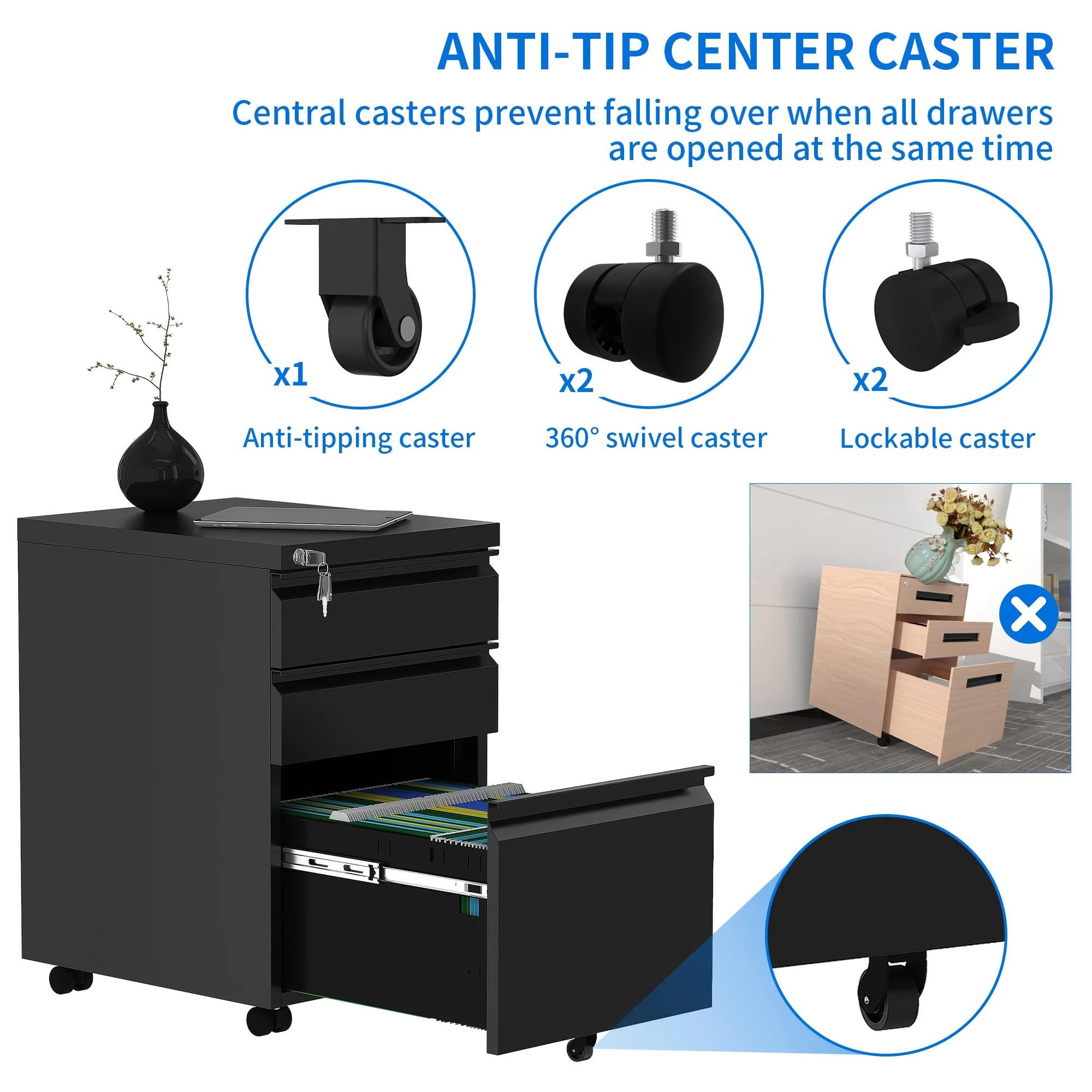 Dextrus Fully Assembled 3-Drawer Lockable File Cabinet for Letter/Legal/A4 Size, Mobile Filing Cabinet with Wheels, Black