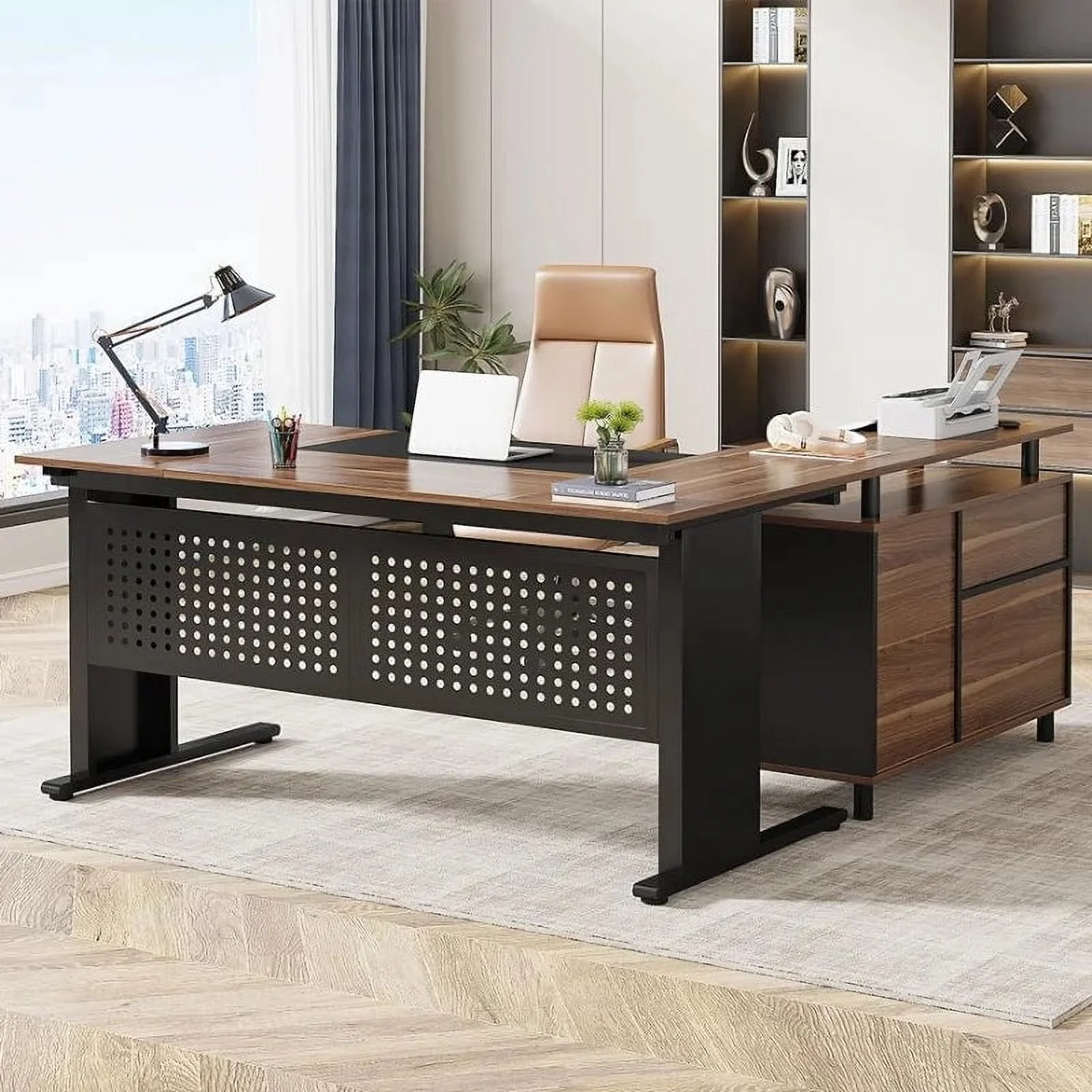 Tribesigns 63 Inch Executive Desk with File Cabinet, Large Office Desk L Shaped Computer Desk with Drawers and Storage Shelves,