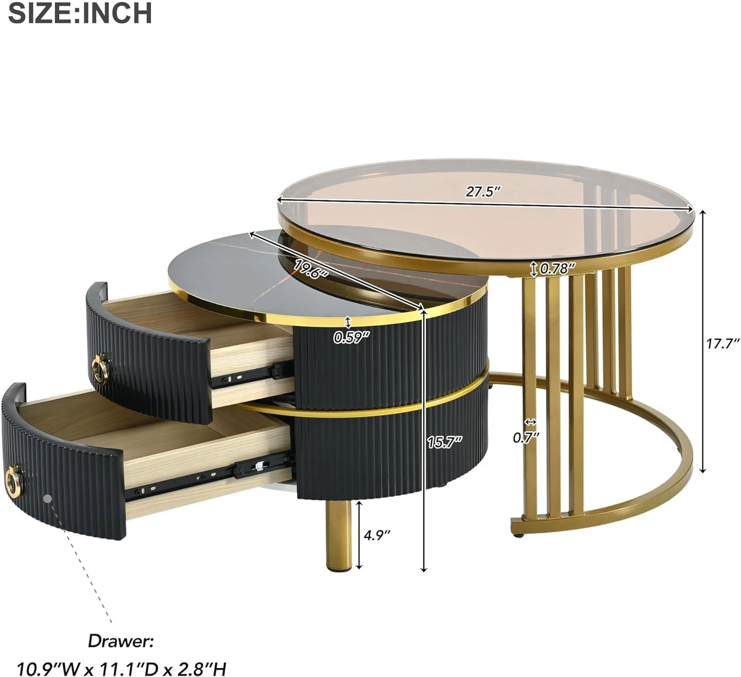 Nesting Coffee Table With 2 Drawers, Stackable Coffee Table With Brown Tempered Glass And High Gloss Marble , Set Of 2, Round Center Table For Living Room Office, Black