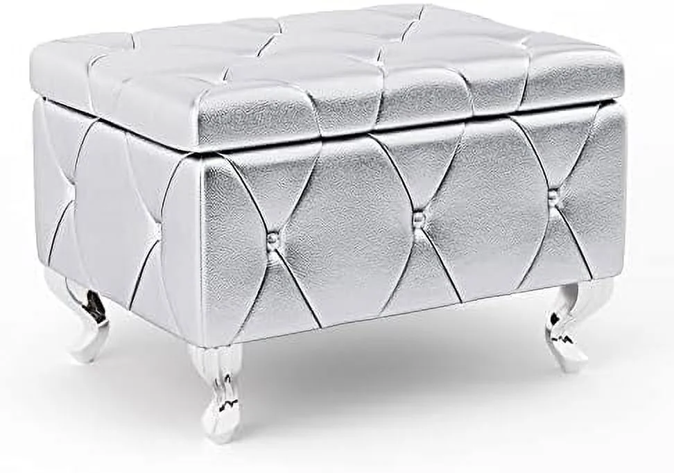 JDZHAPPYLIFE Ottoman  23'' Upholstered Silver Faux Leather Ottoman with Crystal Tufted Button  Flip Top Foot  Bench for Bedroom End of Bed  Living Room