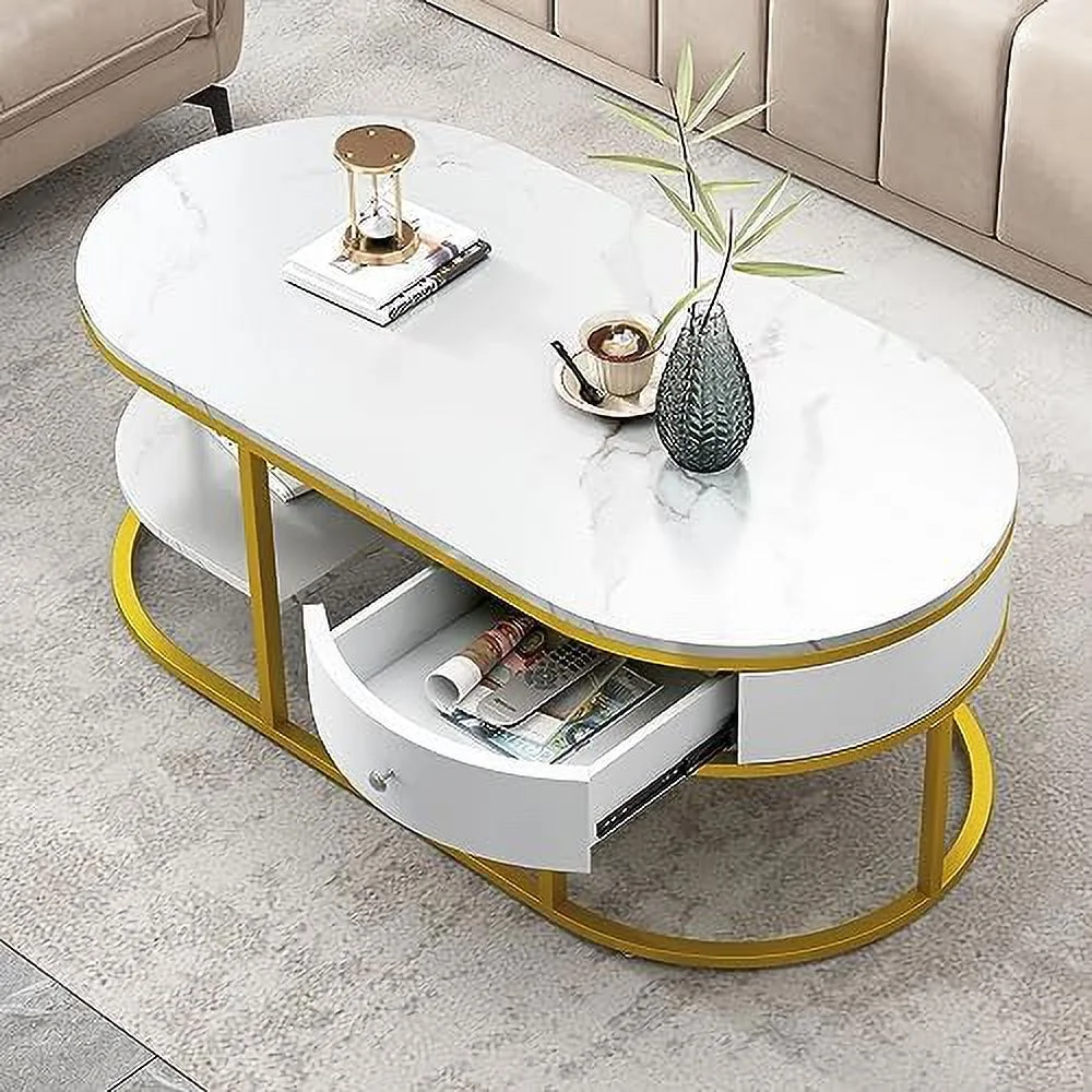 FDIGLUL Modern Coffee Table with Drawers & Shelves   Marble Golden Coffee Table with Metal Frame for Living Room  Office (White)