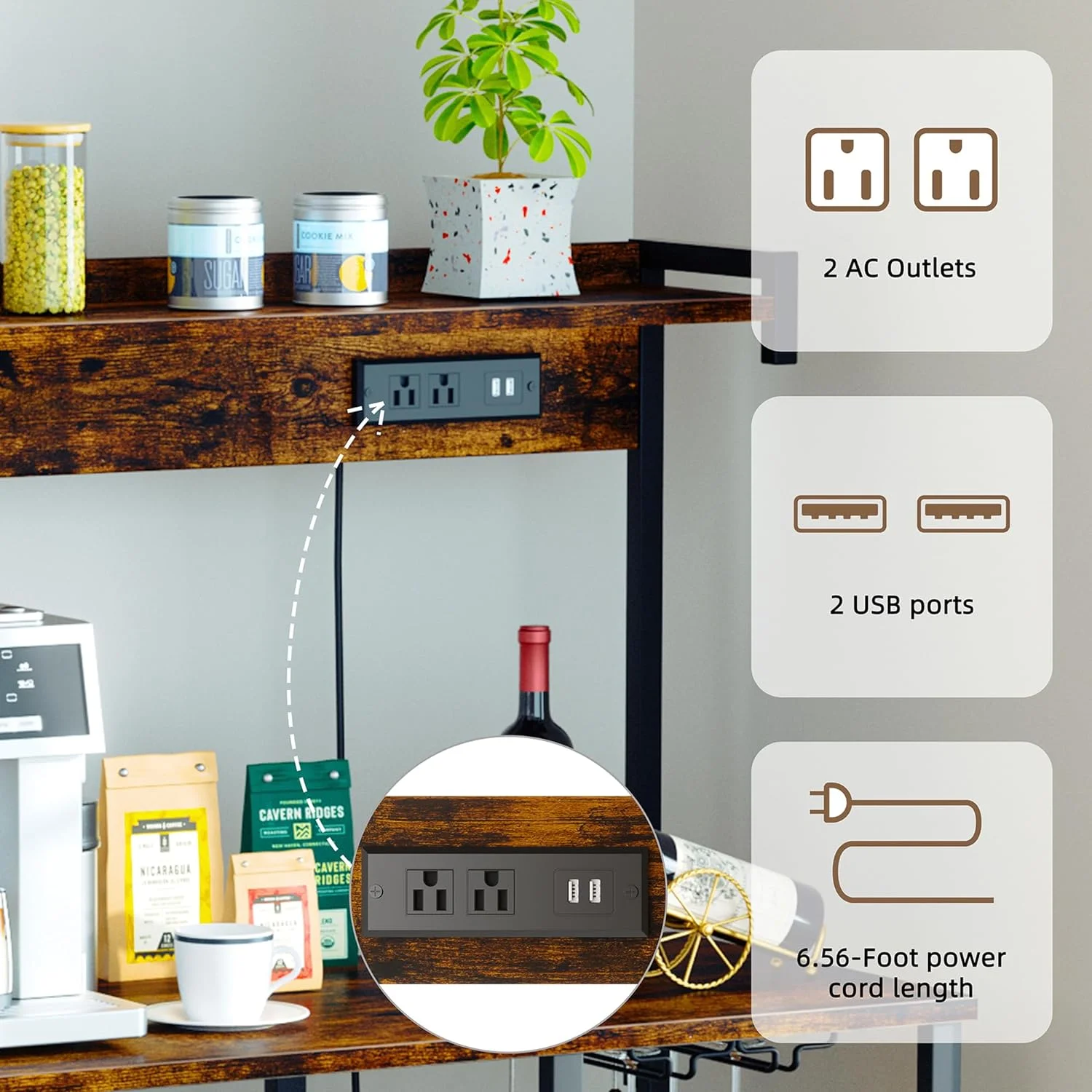 Kitchen Bakers Rack with Power Outlet, Microwave Stand with 6 S-Shaped Hooks, 4-Tier Coffee Bar Microwave Rack (23.62'', Rustic Brown)