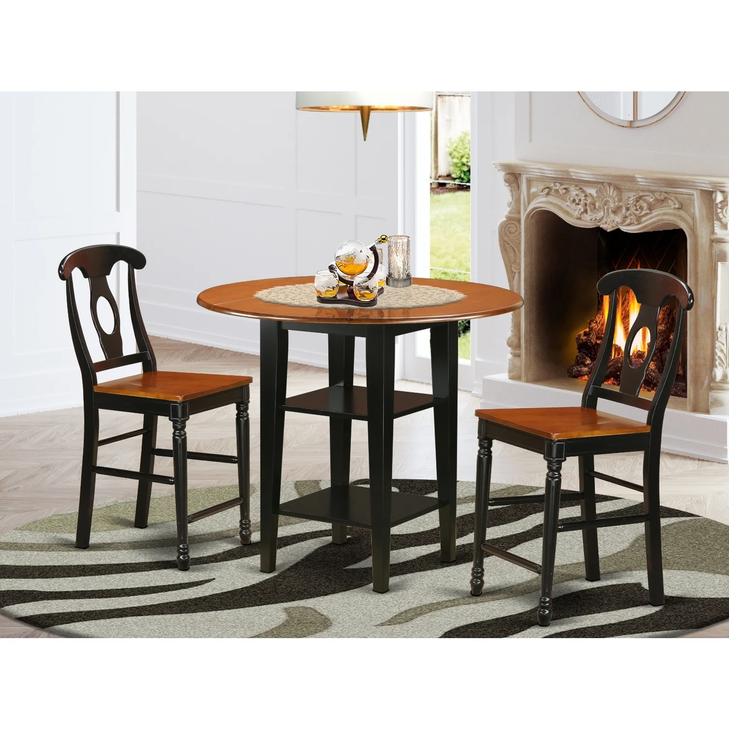 HomeStock Retro Renaissance 3 Piece Sudbury Set With One Round Counter Height Dinette Table And 2 Napolian Dinette Stools With Wood Seat In A Elegant Black And Cherry Finish.