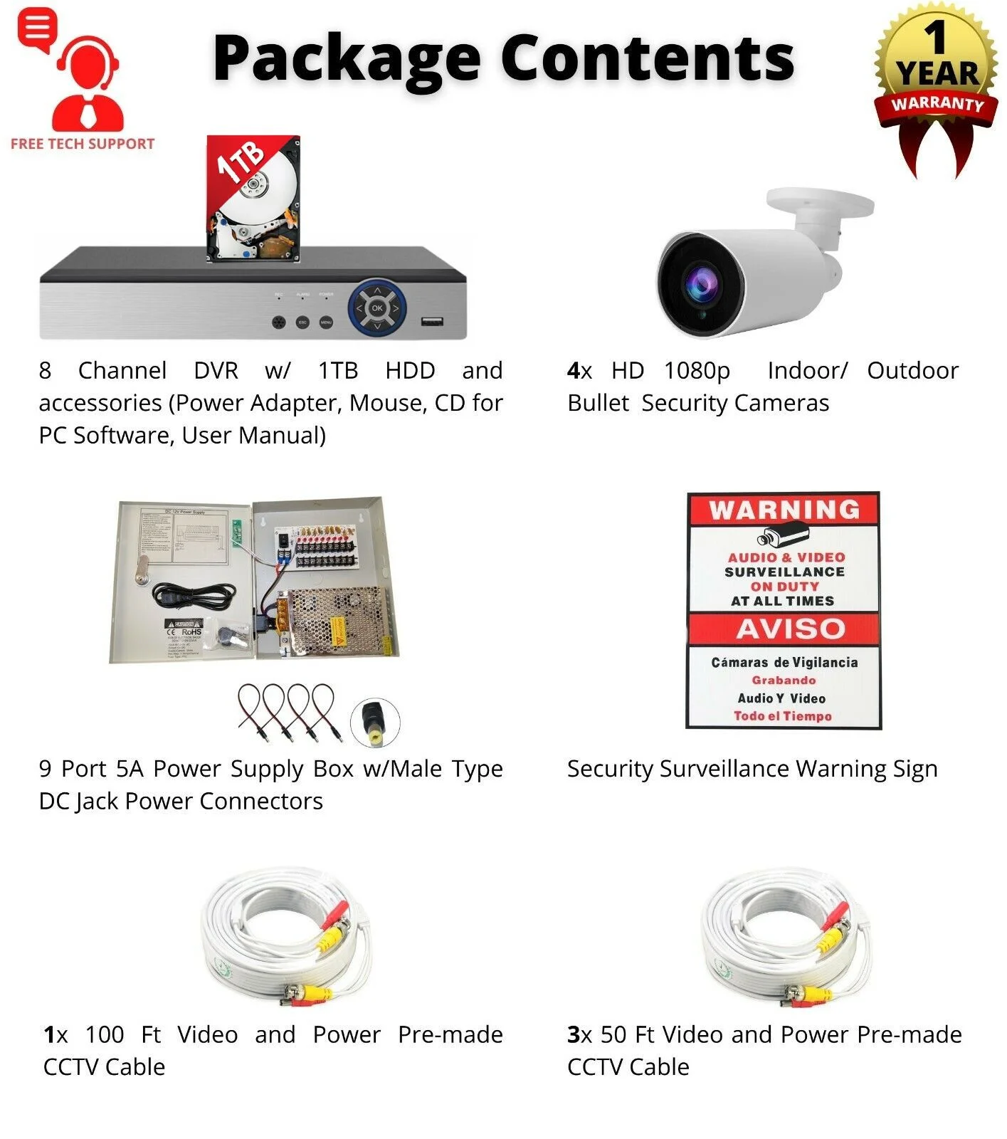 Evertech 8 Channel Digital Video Recorder With 4 Bullet Security Cameras 1080P HD Outdoor Surveillance System 1TB Storage for Recording Playback Remote Viewing