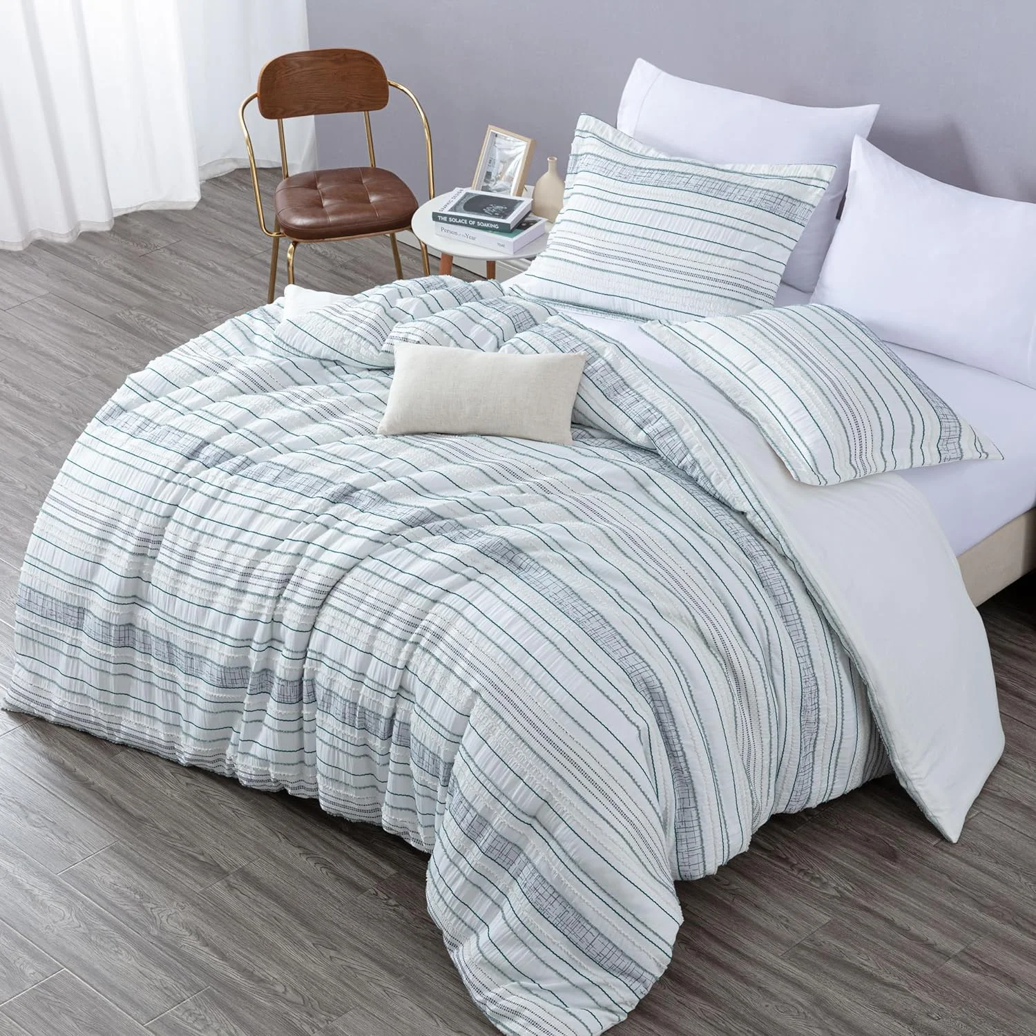 Chezmoi Collection 4-Piece Boho Clip Jacquard Comforter Set Twin Size, Teal Blue White Striped Soft Textured Lightweight Bedding for All Season (1 Comforter, 1 Sham, 1 Pillowcase, 1 Cushion)