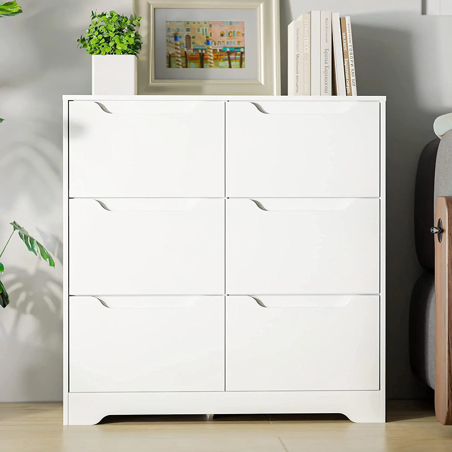 Cozy Castle Dresser with 6 Drawers, Dresser Chest with Cutout Handle, White Dresser Drawer Organizers for Kids Bedroom, Modern Dresser for Bedroom, Living Room, Office, White