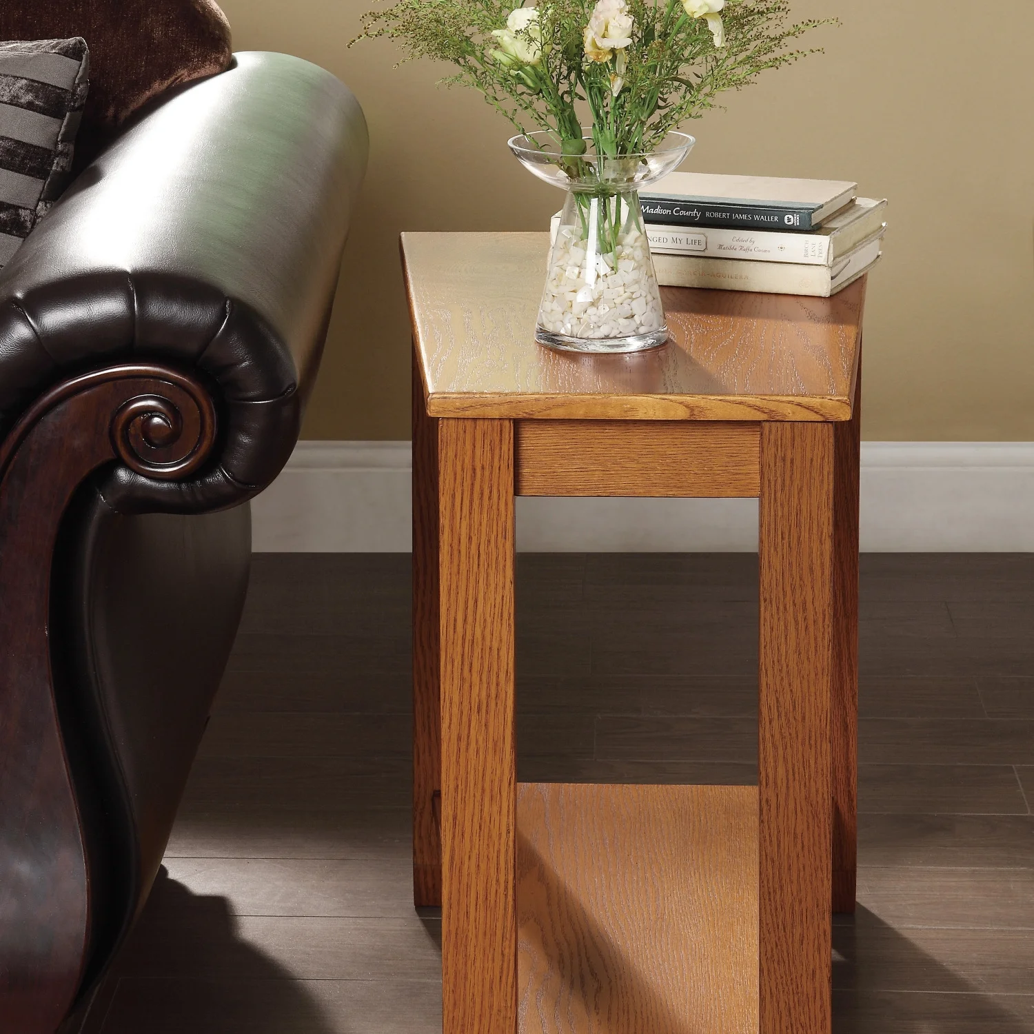 Contemporary Wooden Furniture Featuring Stylish Oak Finish - Elegant 1pc Side Table with Lower Shelf  Versatile Wedge Shape Chairside Table