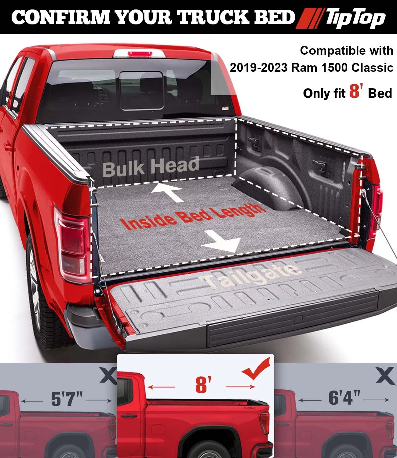 TIPTOP Soft Roll-Up Tonneau Cover Truck Bed For 2019-2023 Ram 1500 Classic 8ft Bed (96.3