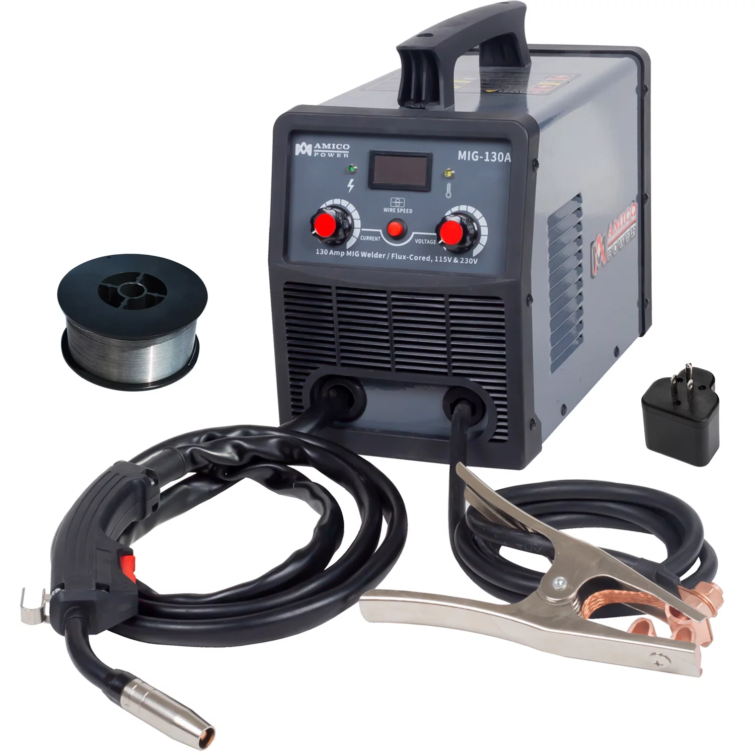 Amico MIG-130A, 130 Amp MIG/Flux Cored Gasless Welder, Wire Feeder Welding, 80% Duty Cycle, 110/230V Dual Voltage Machine.
