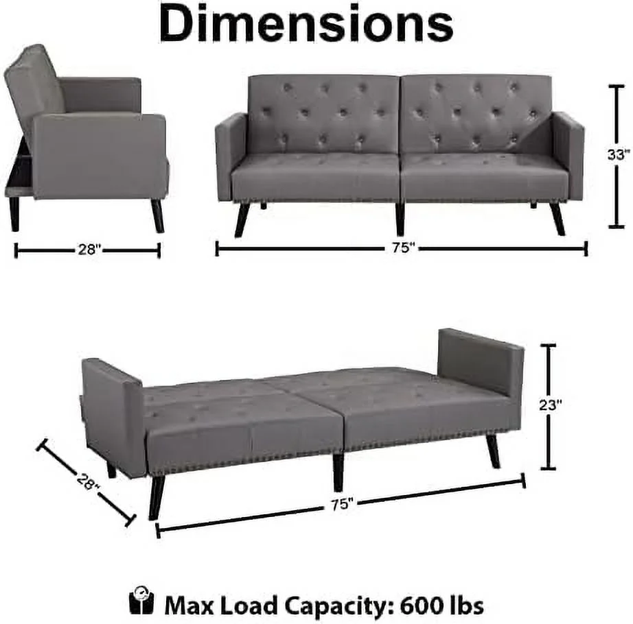 GVJMTKP Tufted Split Back Futon  Mid Century Modern Convertible Sofa Bed for Small Rooms  Faux Leather Couch with Elegant Design  Perfect for Your Modern Living Room or Guest Room - Black