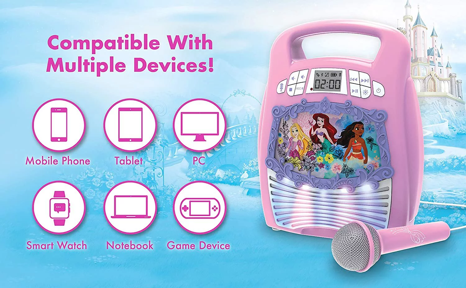 Disney Princess Karaoke Machine for Kids with Microphone and Bluetooth Speaker