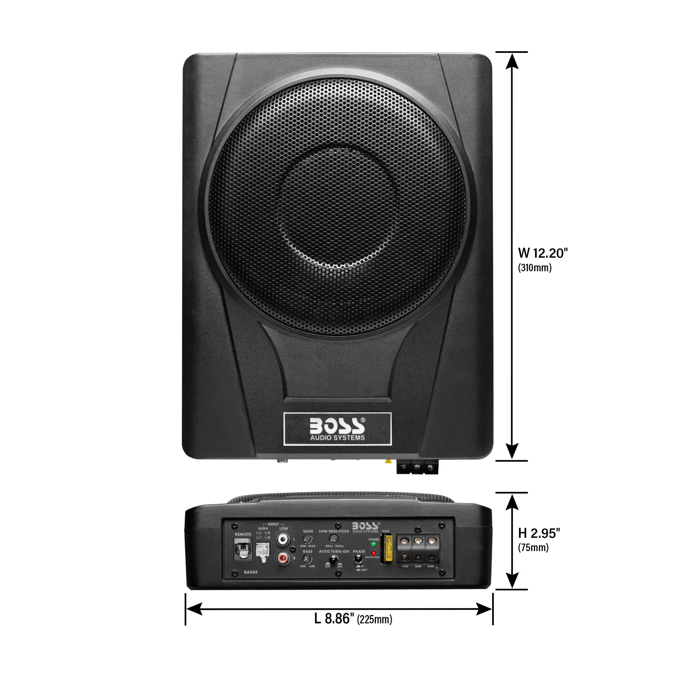 BOSS Audio Systems BASS8K 8 Inch Powered Under Seat Car Subwoofer and 8 Gauge Amp Wiring Kit Package - 800 Watts Max, Single 4 Ohm Voice Coil, Built-in Amp, Remote Subwoofer Control, Sold Individually