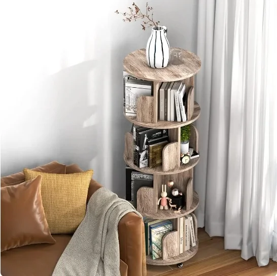 Rotating Bookshelf, 4 Tier Revolving Bookcase with Brake Wheels 360° Display Round Bookshelf Narrow Swivel Corner Bookshelf