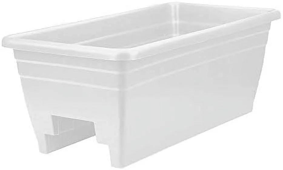 24 Inch Wide Heavy Duty Plastic Deck Rail Mounted Garden Flower Planter Boxes With Removable Drainage Plugs, White (6 Pack)