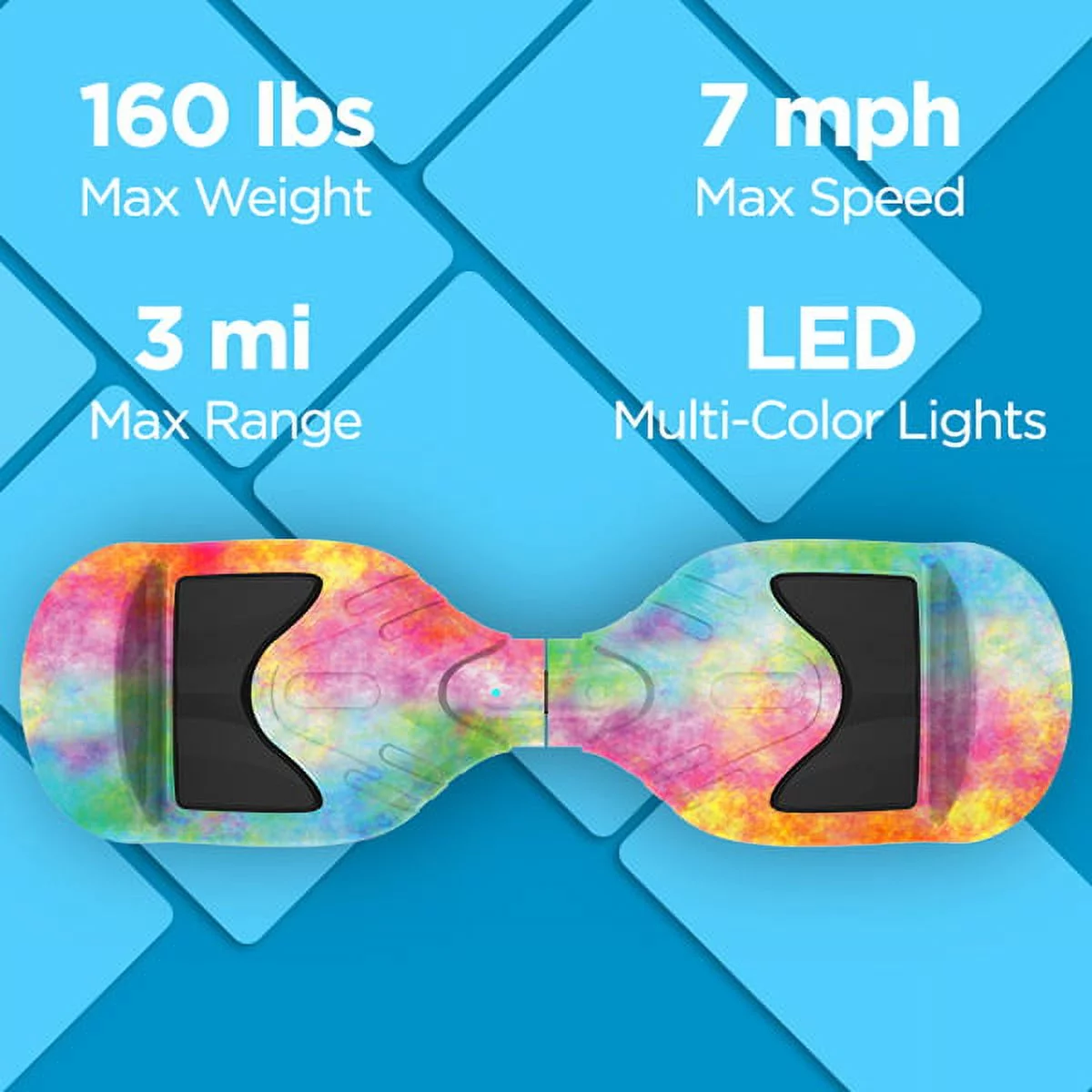 Hover-1 Rocket Hoverboard, Pink Tie Dye, LED Headlights, 7 MPH Max Speed, 160 lbs Max Weight, 3 Miles Max Distance