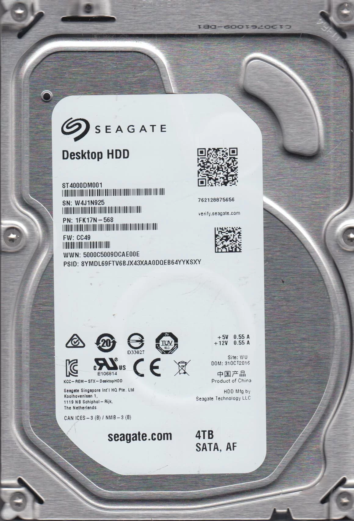 ST4000DM001, W4J, WU, PN 1FK17N-568, FW CC49, Seagate 4TB SATA 3.5 Hard Drive