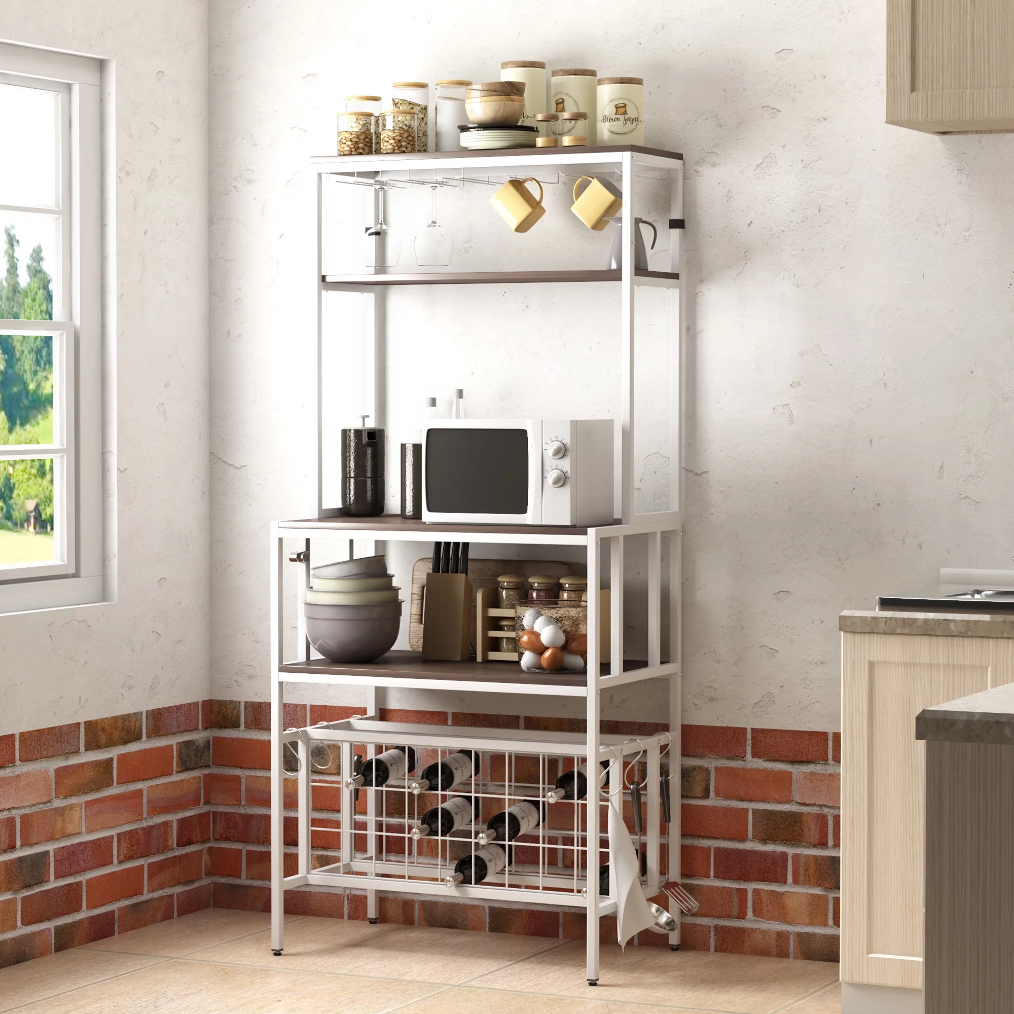 Industrial Modern Bakers Wine Rack, 5-Tier Baker Rack Freestanding Bar Table with Wine Storage&Glass& Cup Holders&Hooks, Kitchen Microwave Stand with Hutch, Metal Book Shelf and Office Rack