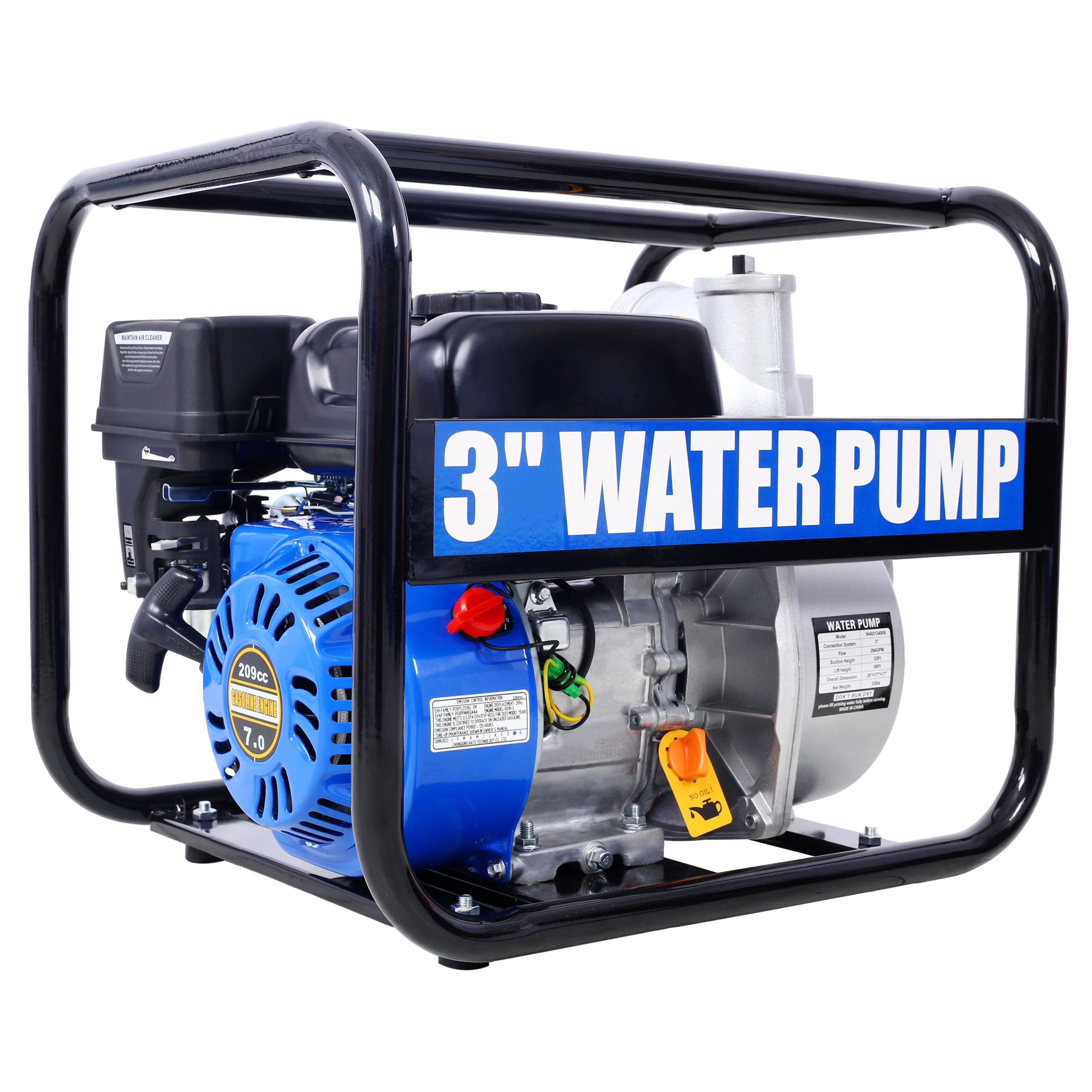Semi Trash Pump 3 inch, 209cc 7HP 4 stroke OHV ENGINE, Gas Powered Full Trash Water Pump with Handle and Wheels, 50 ft Discharge Hose, 12 ft Suction Hose with Complete Fittings,EPA compliant