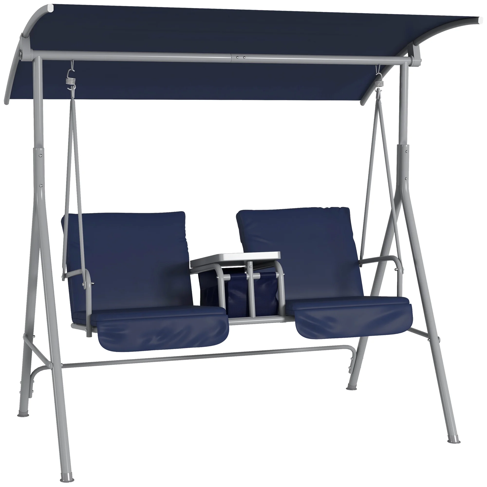 Outsunny 2 Person Porch Swing with Canopy, Table, Storage Console, Blue
