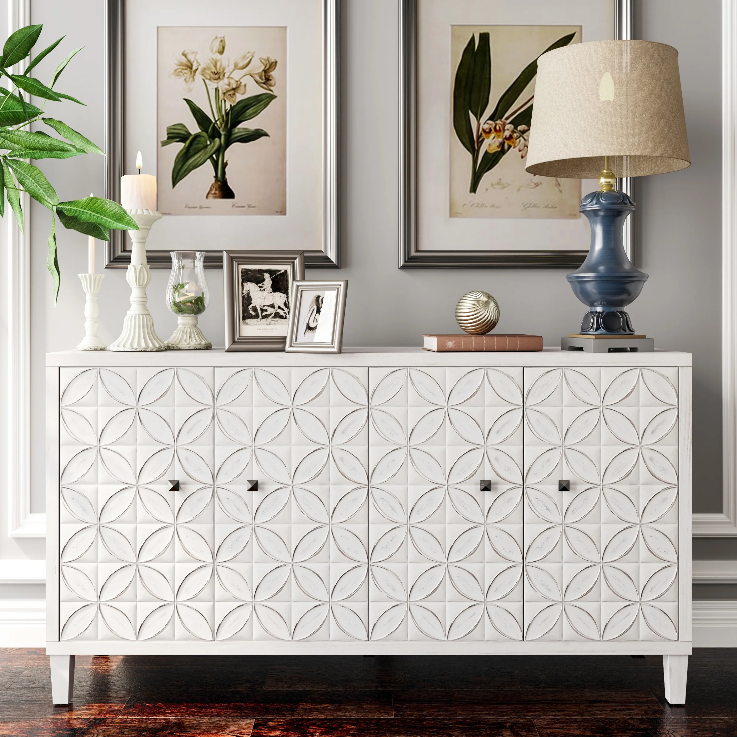 DeeHome Accent Cabinet 4 Door Wooden Cabinet Sideboard Buffet Server Cabinet Storage Cabinet, for Living Room, Entryway, Hallway, Office, Kitchen and Dining Room, White Wash