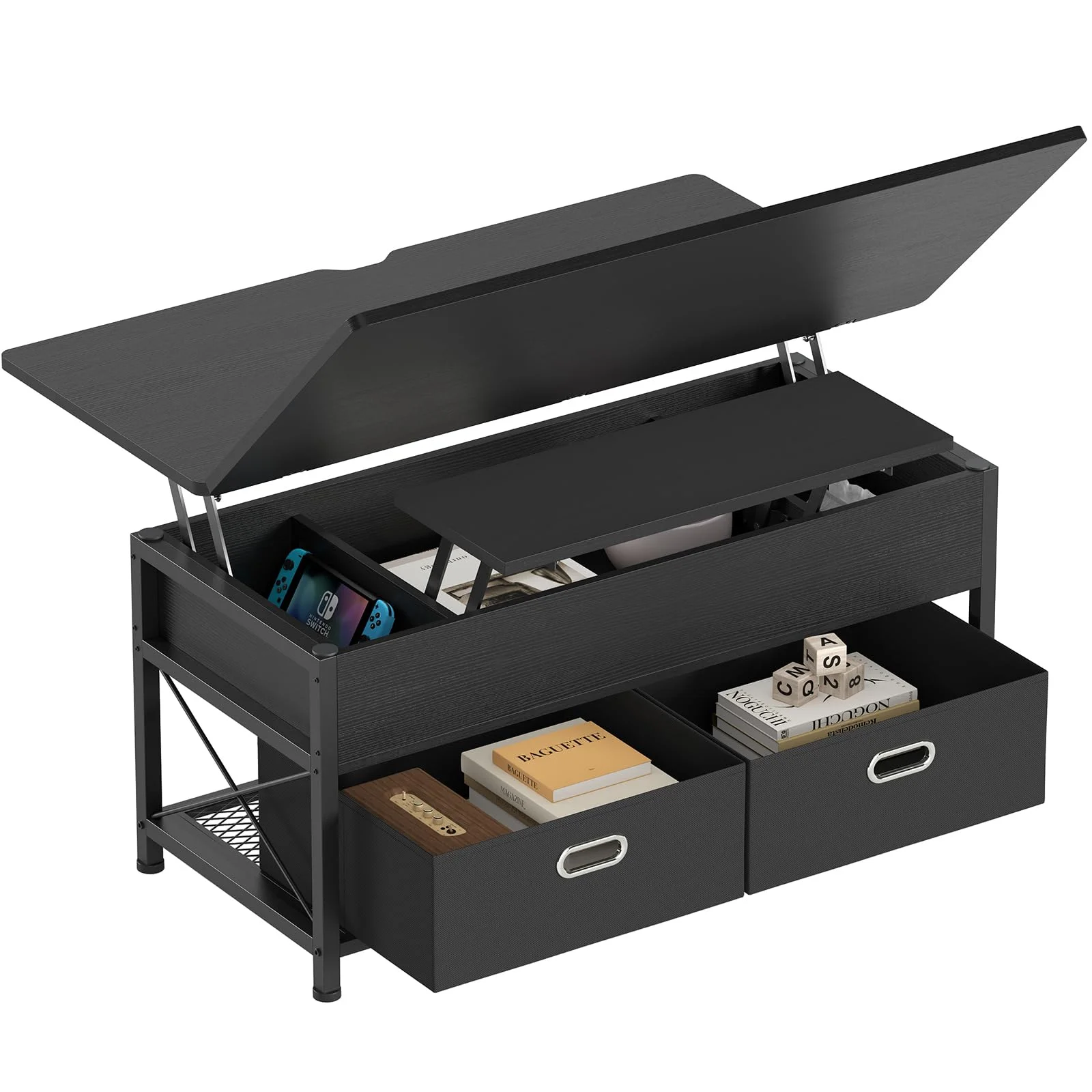 Lift Top Coffee Table with Storage Drawers, 4 in 1 Square Lift Center Tables with Hidden Compartment, Modern Black