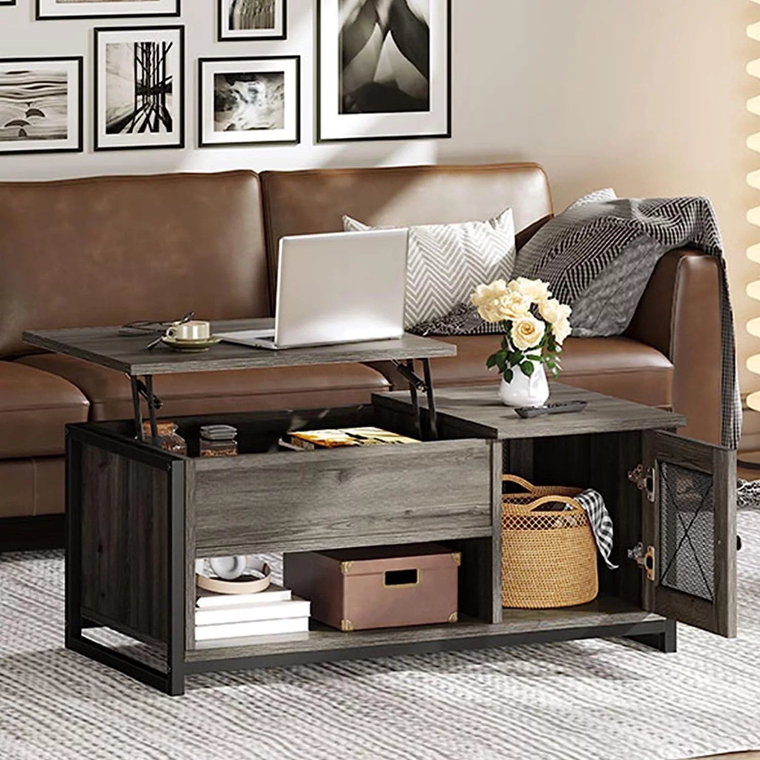 Dextrus Lift Top Coffee Tables with Storage, Double Doors Wood Cocktail Table for Living Room, Gray Wash
