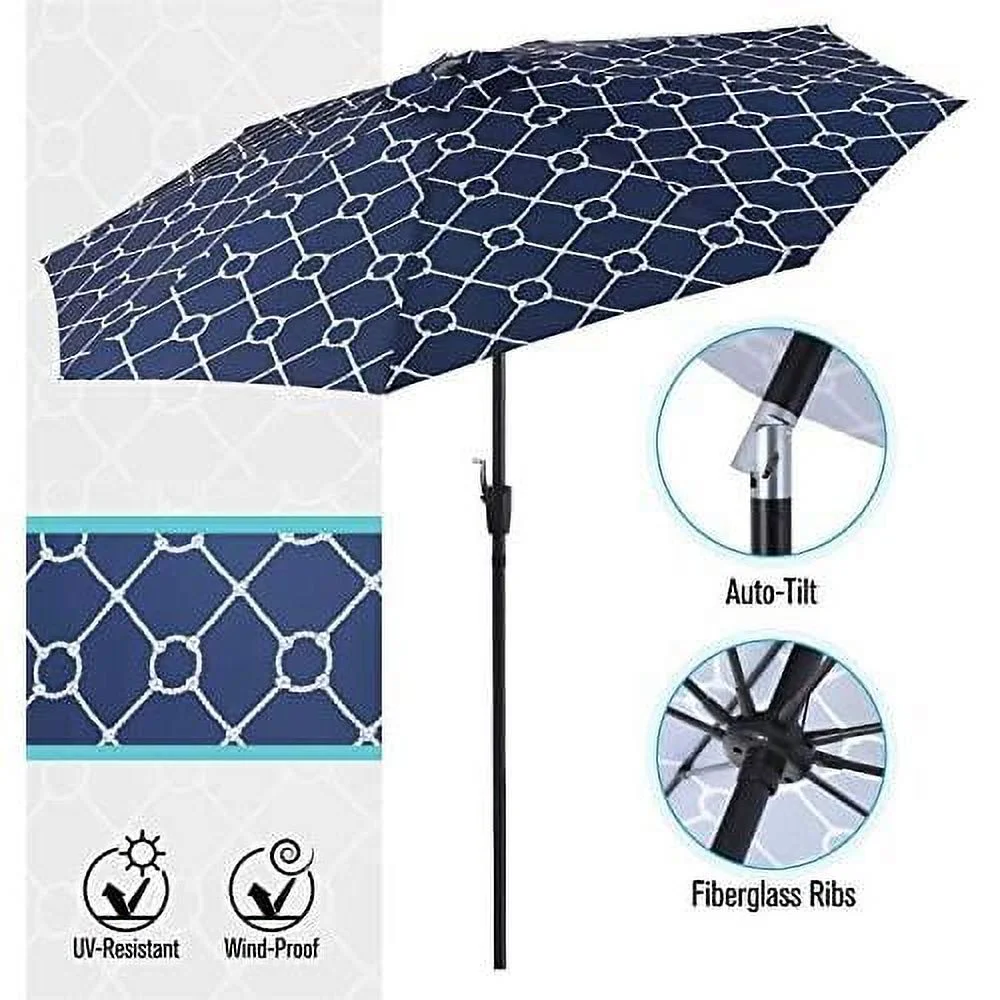 9Ft Fiberglass Patio Umbrellas, Outdoor Printing Auto-Tilt Market Umbrella With 8 Sturdy Ribs, Navy Blue & White Printing