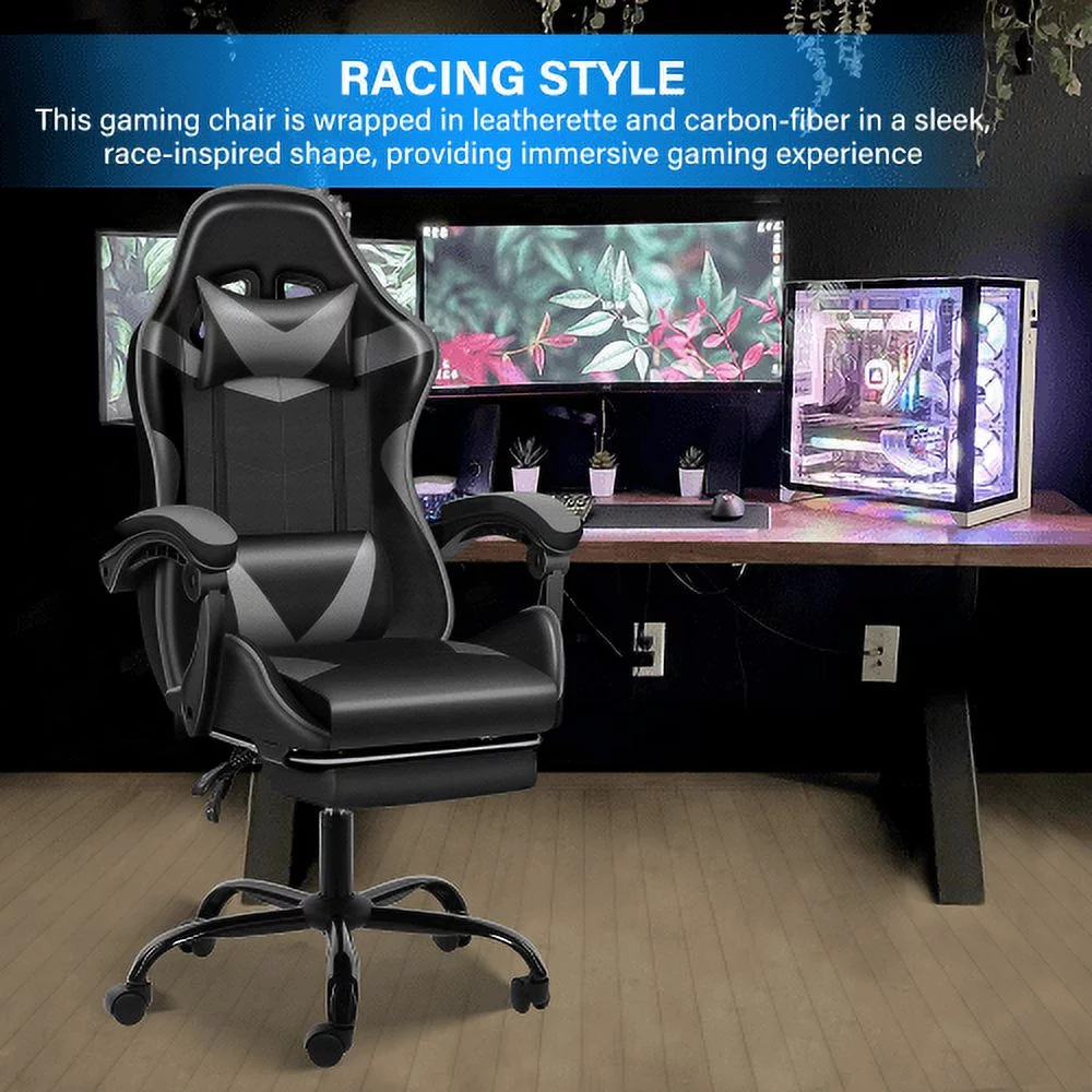 Racing Video Backrest and Seat Height Recliner Gaming Office High Back Computer Ergonomic Adjustable Swivel Chair, With footrest, Black/Grey