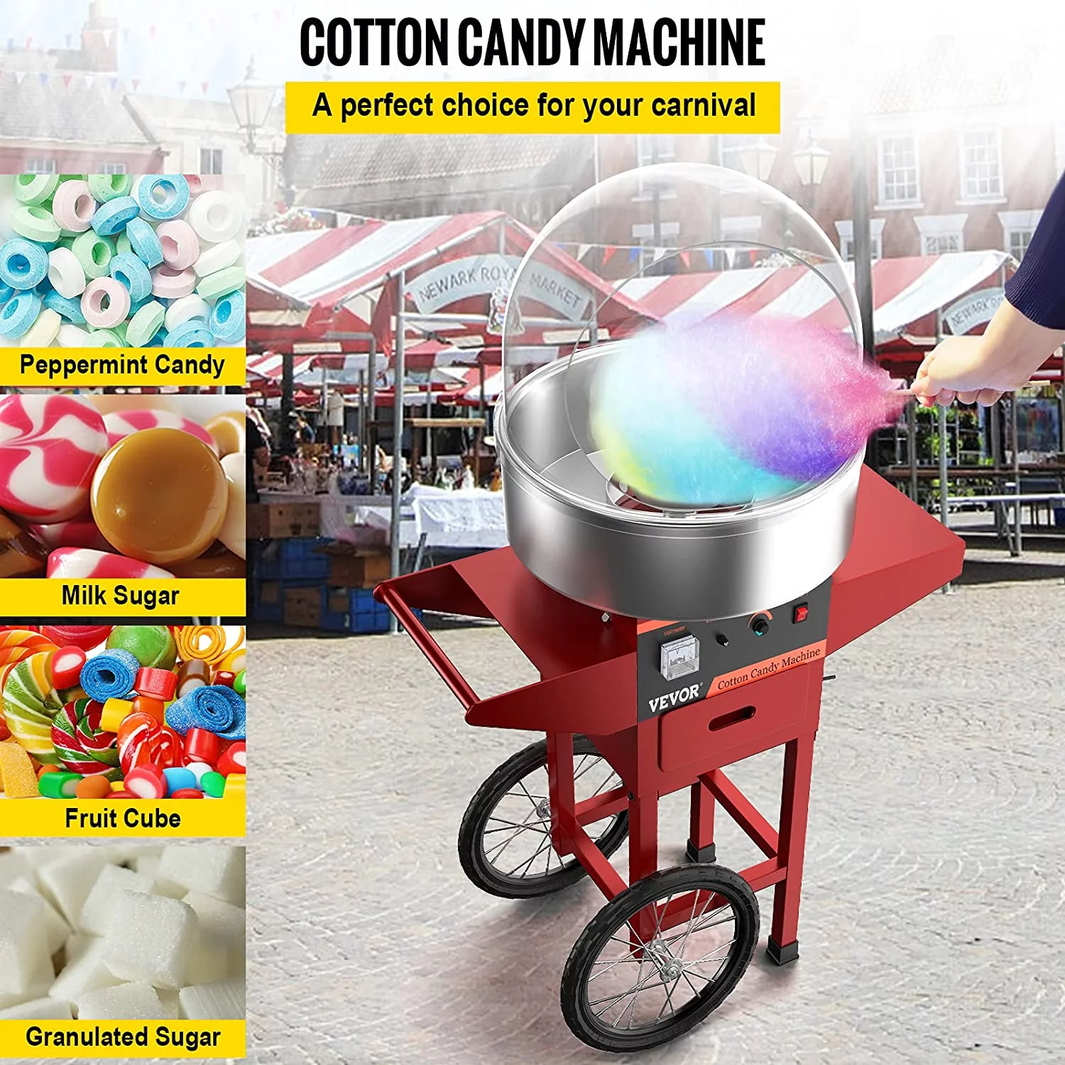 VEVORbrand Commercial Cotton Candy Machine with Bubble Cover Shield and Cart Electric Candy Floss Maker 1030W Stainless Steel for Various Parties