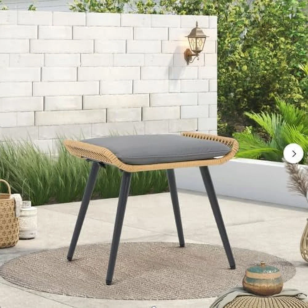 Outdoor Wicker Ottoman Set of 2  Patio Rattan Ottomans with Seat Cushions  2 Pieces Footstool Footrest Seat for Outside Garden  Balcony  Living Room  White