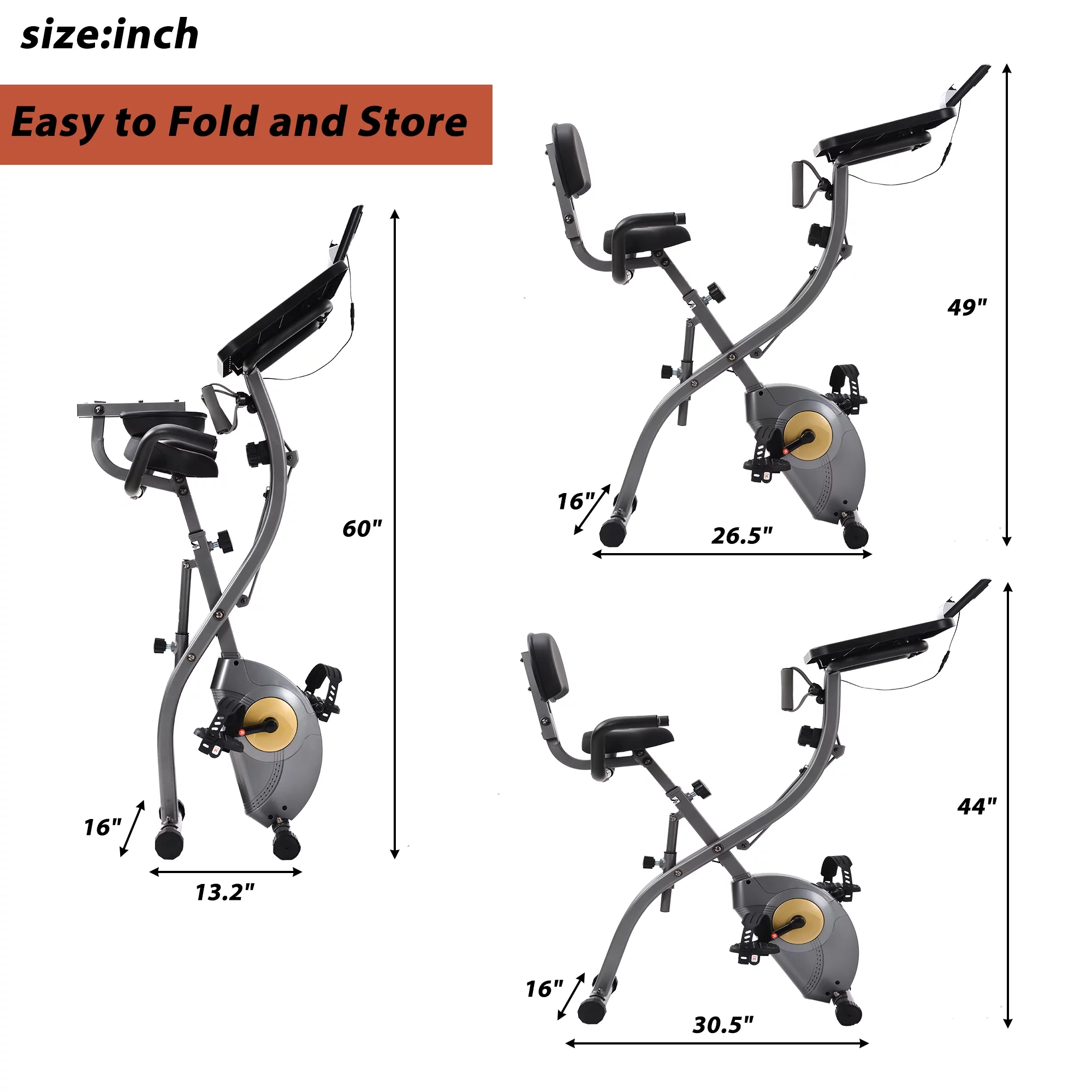 Merax 3 in 1 Exercise Bikes Folding Magnetic Upright Fitness Cycle with Desktop, Arm Resistance Bands and Extra-large Adjustable Seat