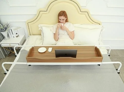 UNICOO - Adjustable Overbed Table with Wheels, Perfect for Full/Queen/King Beds Rolling Medical Bed Desk for Laptop Work, Breakfast. Sturdy Wood and Steel Frame(Ancient Oak - 202)