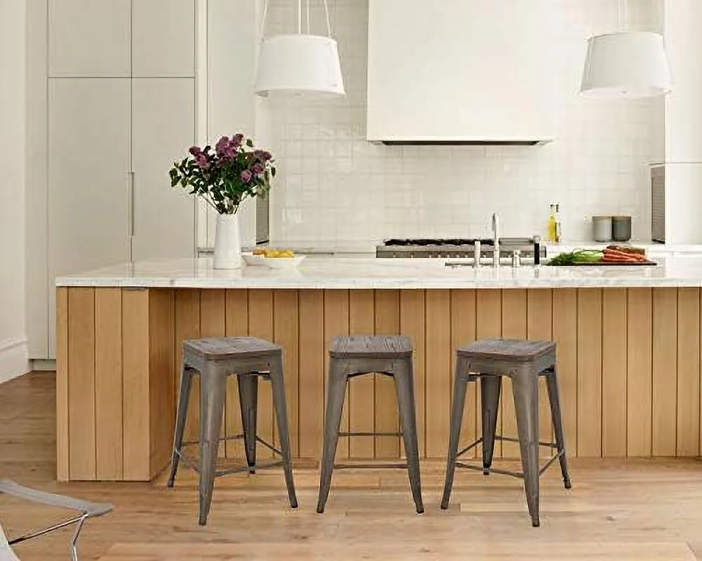 WTYNKAE 24 Inches Metal  Stools Set of 4 Counter Height Wood Seat Barstool Patio Stool Stackable Backless Stool Indoor Outdoor Metal Kitchen Stools  Chairs (Black)